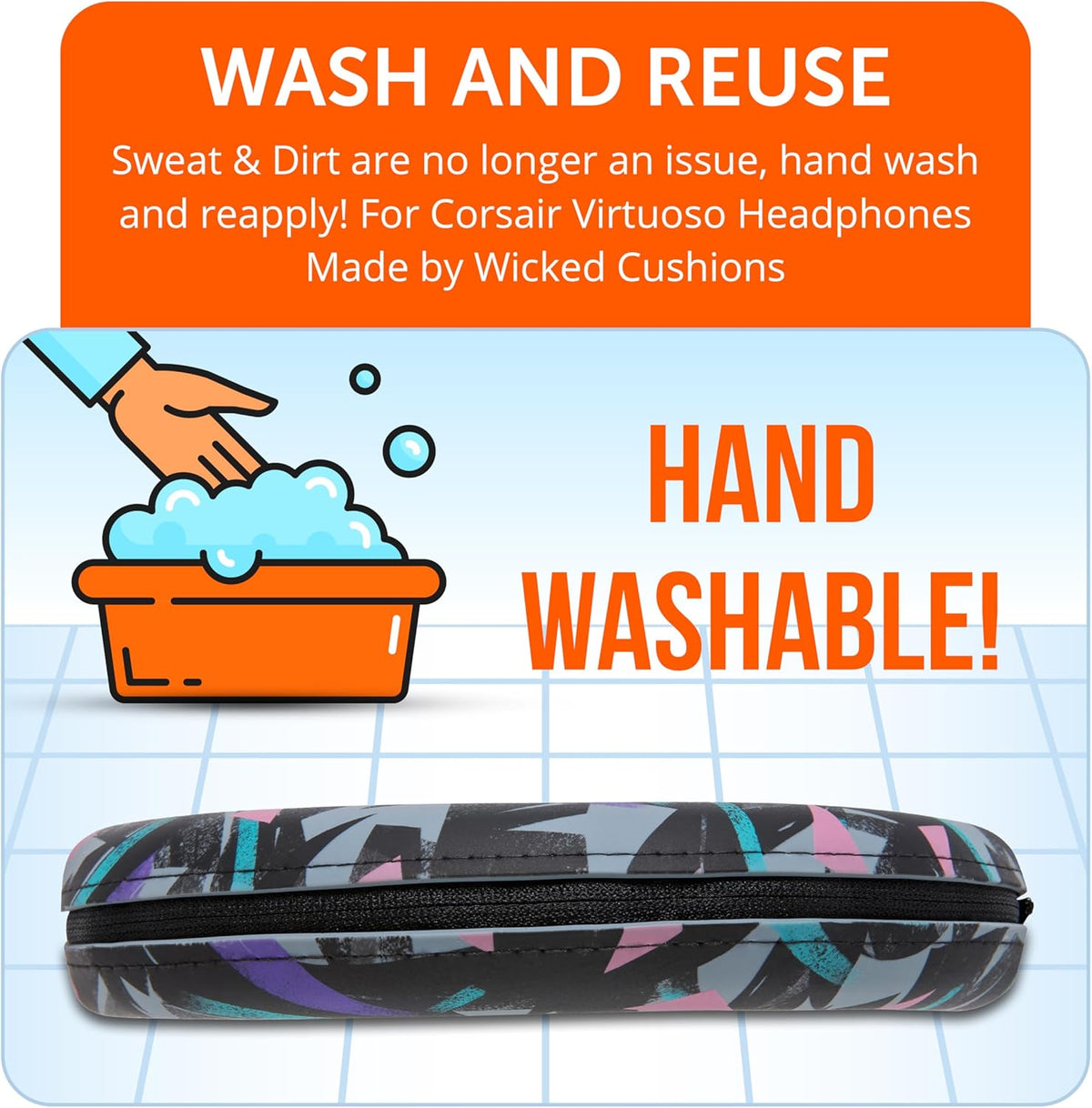 WC BandZ Virtuoso V2 - Silicone Headband Cover for Corsair Virtuoso Headphones by Wicked Cushions | Machine Washable, No More Flaking Leather | for Virtuoso Wireless, XT, and SE | 90's Black