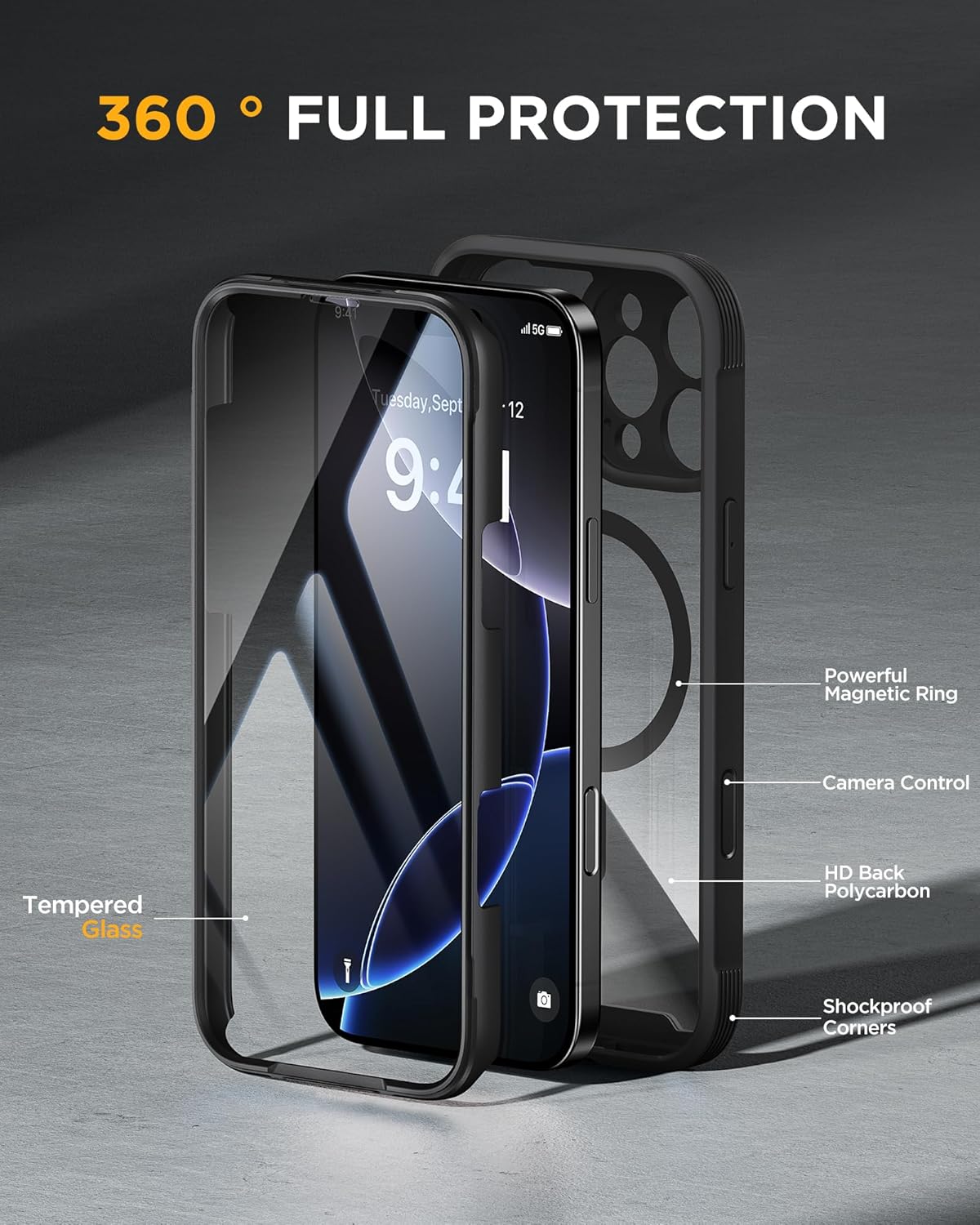 Miracase Magnetic for iPhone 16 Pro Max Case 6.9'' [Compatible with MagSafe] Full-Body Phone case with Built-in Glass Screen Protector& Camera Protector,Drop Proof 16 Pro Max Cover,Black
