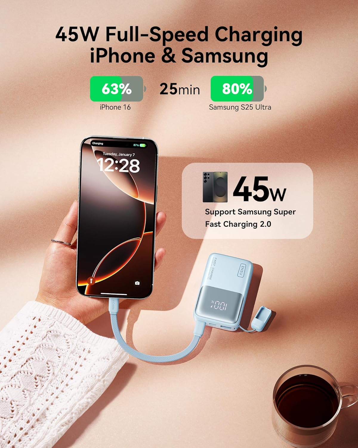 INIU Pocket Size Portable Charger, Ultra Small 10000mAh 45W PD Power Bank, USB C in&Out Fast Charging Battery Pack, Travel Essentials Powerbank for iPhone 16/15 Pro Max, iPad Air, Samsung S22 S27 etc