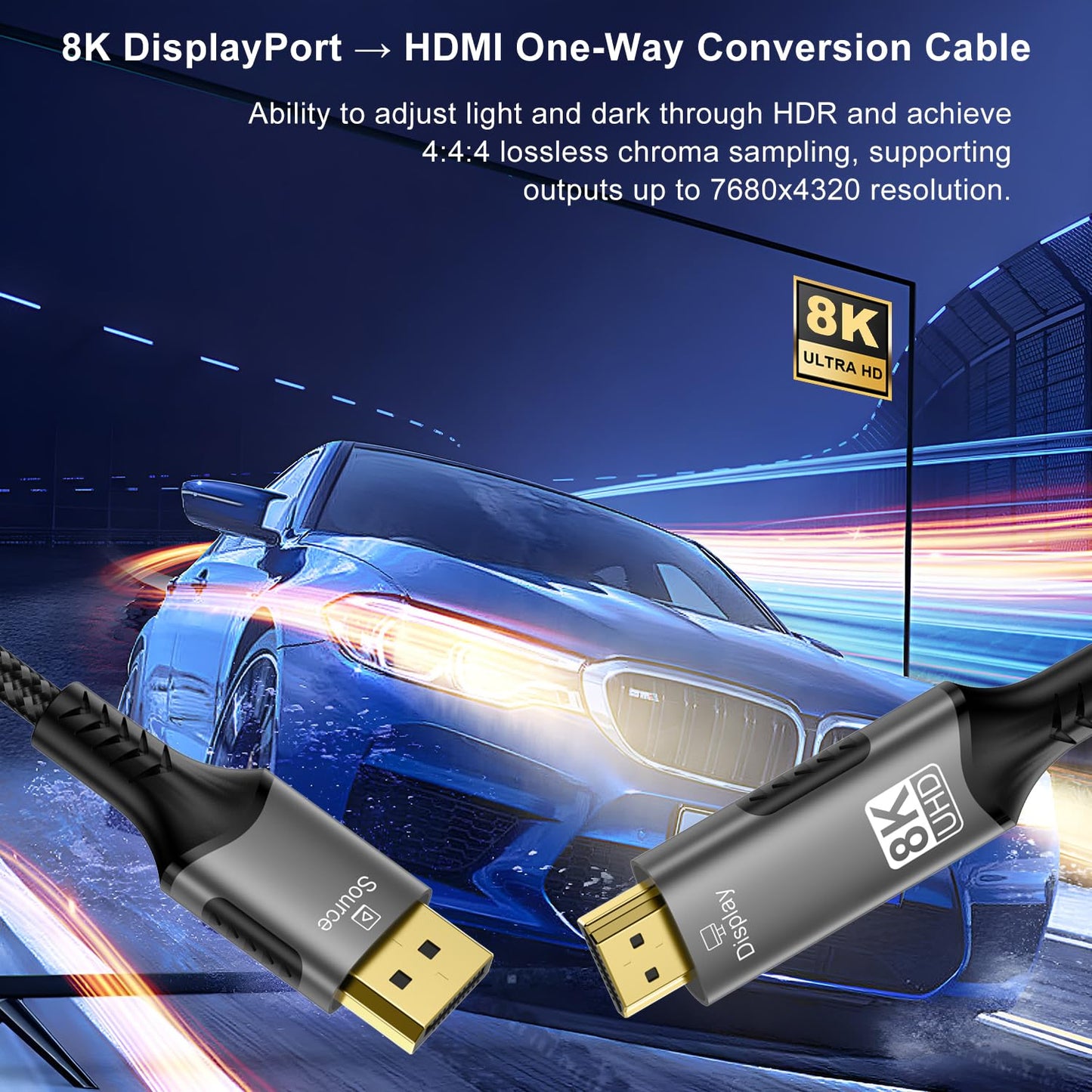 FDBRO 8K DisplayPort to HDMI Cable Active 8K@60Hz 4K@120Hz 32.4Gbps, Uni-Directional, DP 1.4 to HDMI 2.1 Cord Support HDR/HDCP 2.2/DSC 1.2 for Gaming Monitor, TV, PC (Gray & Black, 1M (3.3FT))