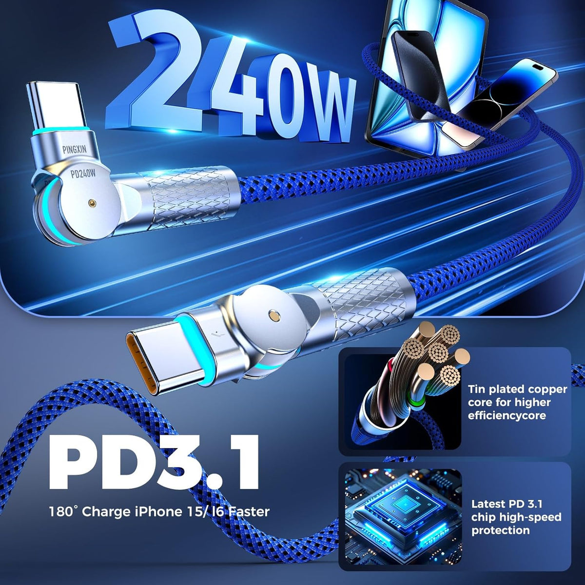 USB C to USB C Cable 10FT 240W, 180°Rotating USB C Cable Braided Type C Charger Cable Fast Charge for iPhone 16/16Pro/16Plus/16ProMax,MacBook Air,iPad Pro,Pixel,Samsung Galaxy S23/S24Ultra-Blue