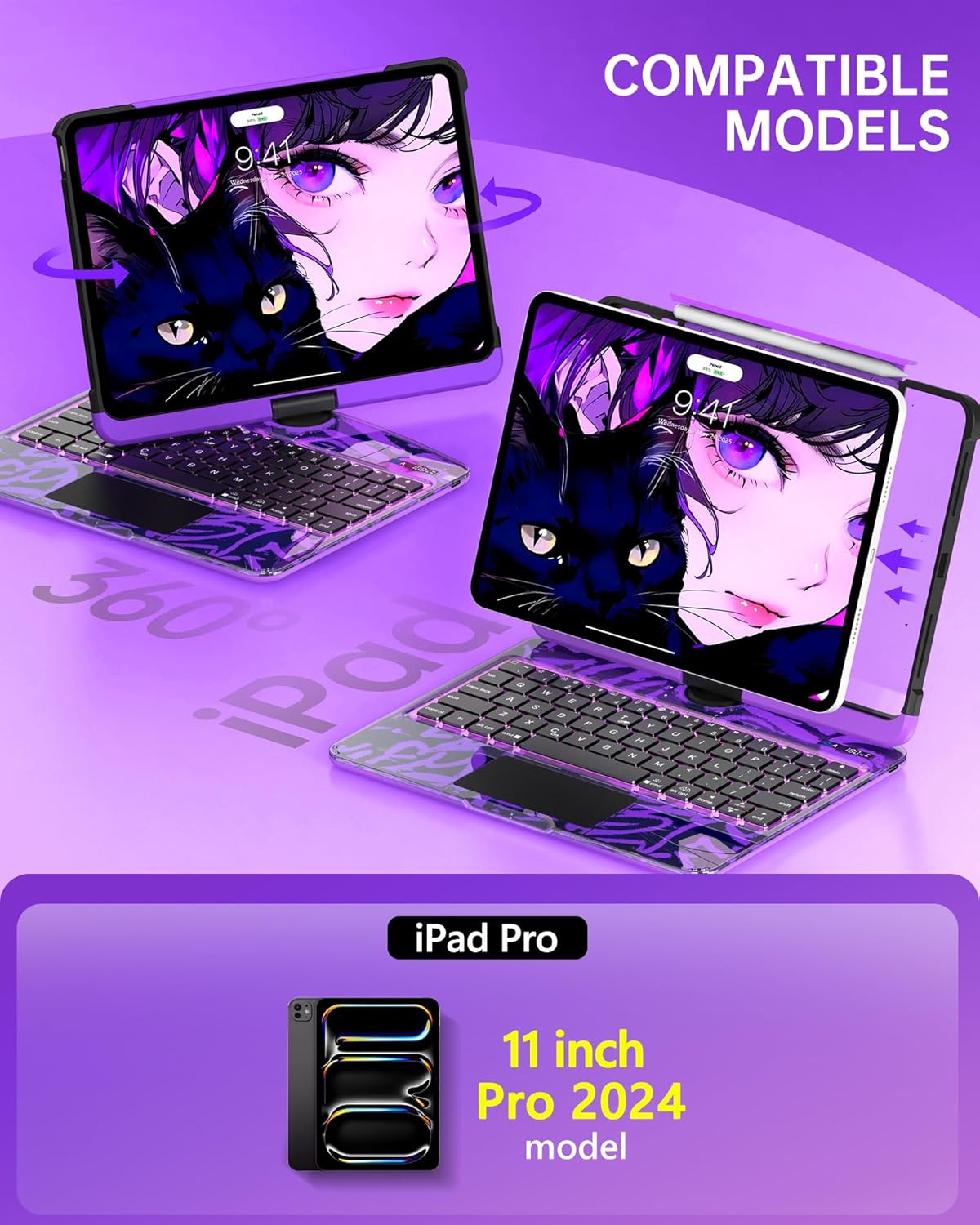 Intermerge Clear Keyboard Case for iPad Pro 11" (M4) 2024 Only, 360° Swivel Multi-Touch Trackpad, 7-Color RGB Backlit, Pencil Holder, Type-C, Power Indicator, Neon Pulse