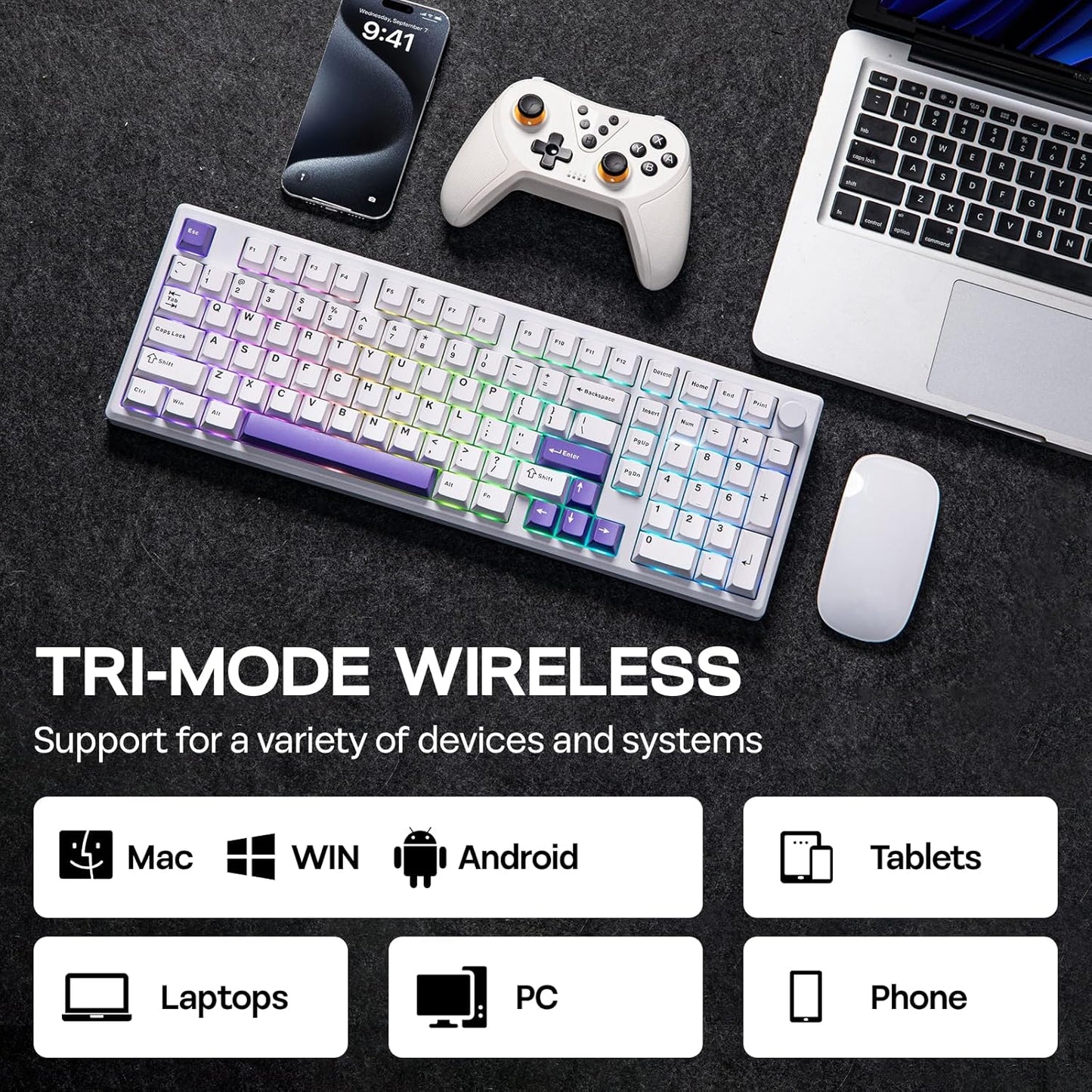 EPOMAKER Galaxy100 QMK/VIA Wireless Mechanical Keyboard with 8000mAh Battery and Numpad, CNC Aluminum, Full Size Gaming Keyboard, USB-C/BT5.0/2.4Ghz (White Purple, Wisteria Linear Switch)