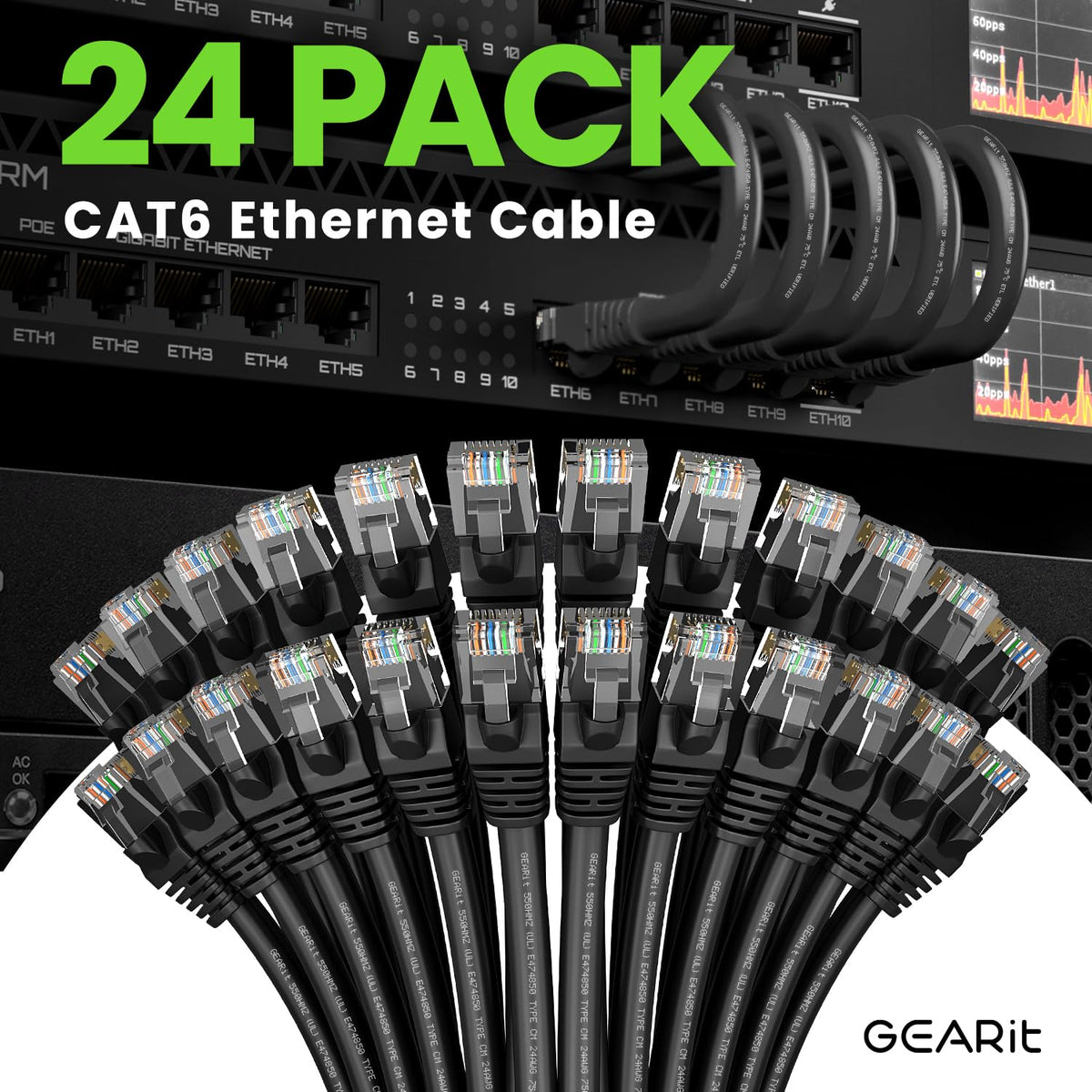 GEARit Cat 6 Ethernet Cable Pack - 24-Pack 7 ft Cat6 Ethernet Patch Cables | RJ45 Network Patch Cable, 10 Gbps Snagless Gold-Plated Connectors - Ethernet Cable Cat 6 for PC, TV, Router - Black