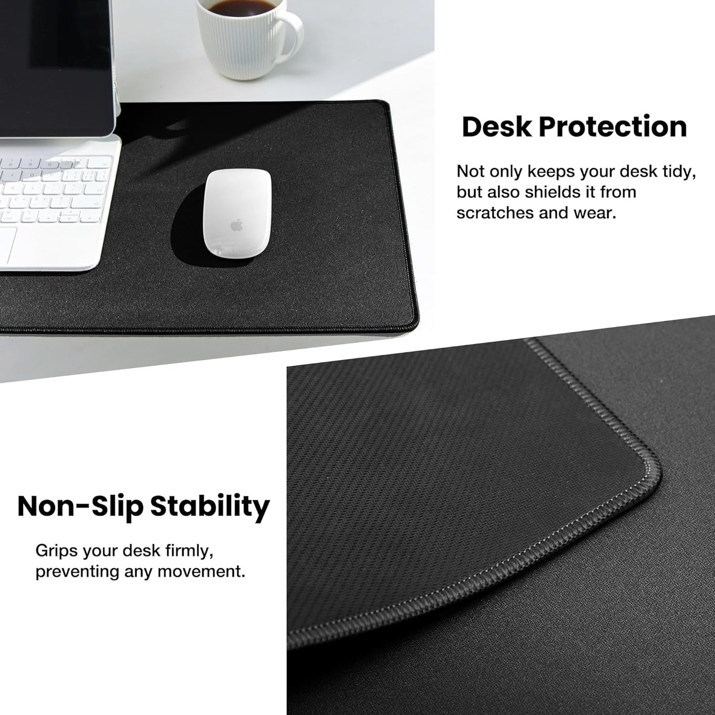 ALOANES Black Waterproof Desk Mat, Large Mouse Pad with Extended Mouse Mat, with Anti Slip Base, Stitched Edge, Grain Jacquard Surface, Perfect for Gamer, Office & Home, 3XL 15.74''x35.43''x0.12''