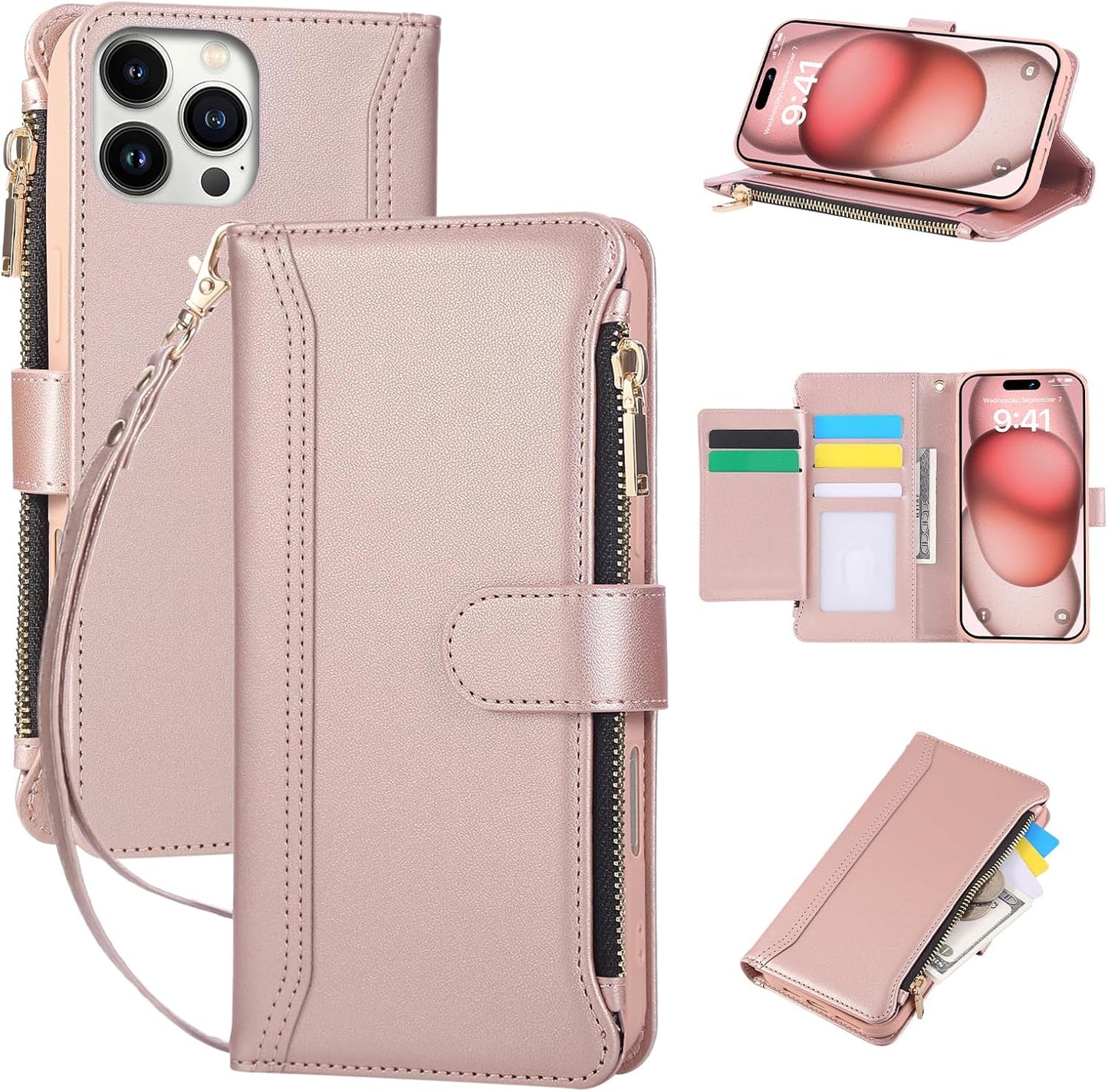 Compatible with iPhone 14 Pro Max Wallet Phone Case-PU Leather Magnetic Flip Cover with Credit Card Slots,Zipper Pocket & Detachable Wrist Strap,Shockproof Design,for Women and Men-Pink