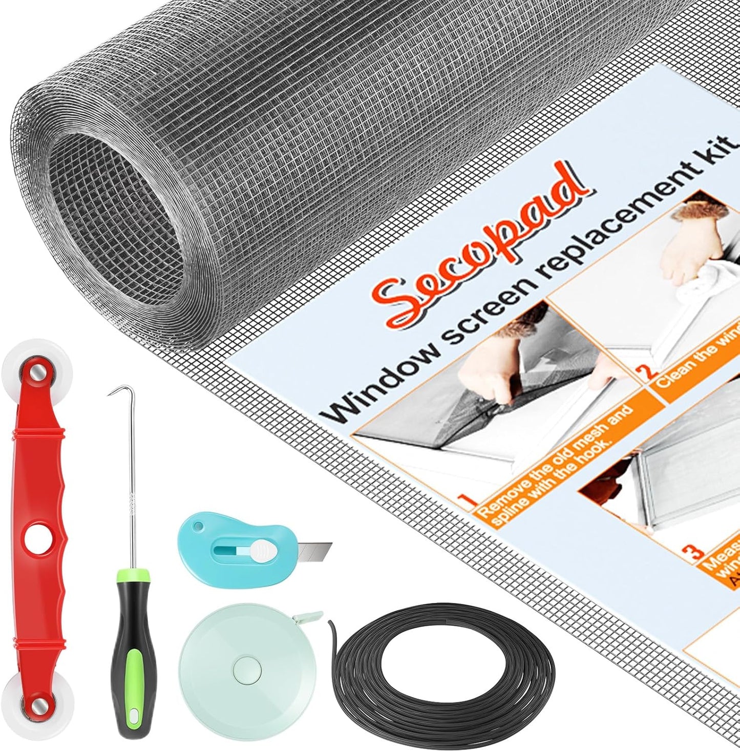 Window Screens Replacement Repair Kit, Grey Screen Door Mesh Replacement Kit, Durable Fiberglass Mesh Roll with Tools for Windows Doors Patio and Porch, 39in x 118in