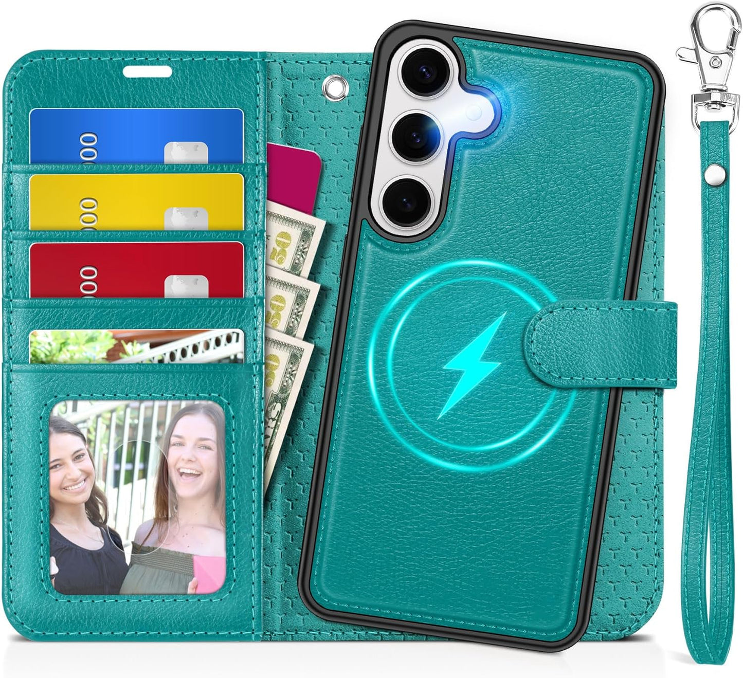 TUCCH Case Wallet for Galaxy S25 Plus, Detachable [Wireless Charging] RFID Blocking 4 Card Holder, Wrist Strap Removable Stand PU Leather Flip Shockproof Phone Cover for Galaxy S25 Plus 6.7", Cyan