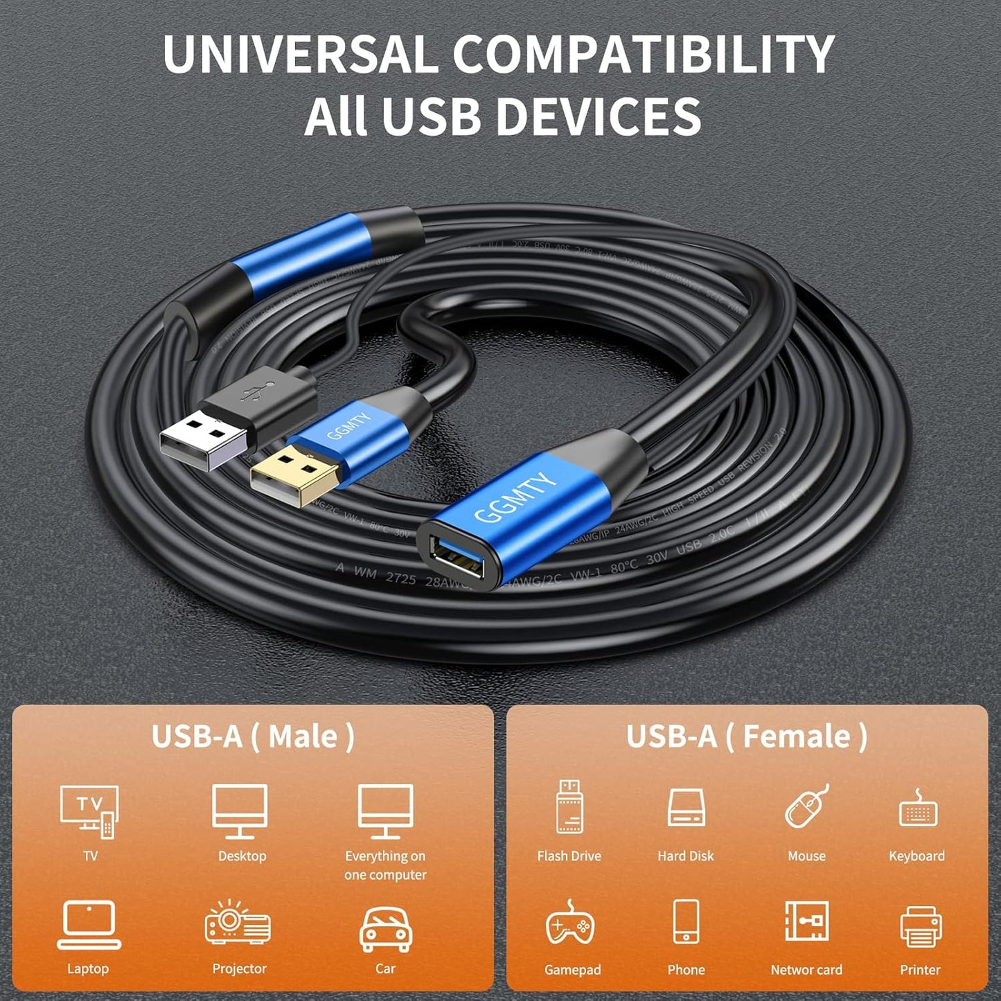 USB 2.0 Type A Male to A Female Active Repeater Extension Cable 50ft, High Speed 480 Mbps