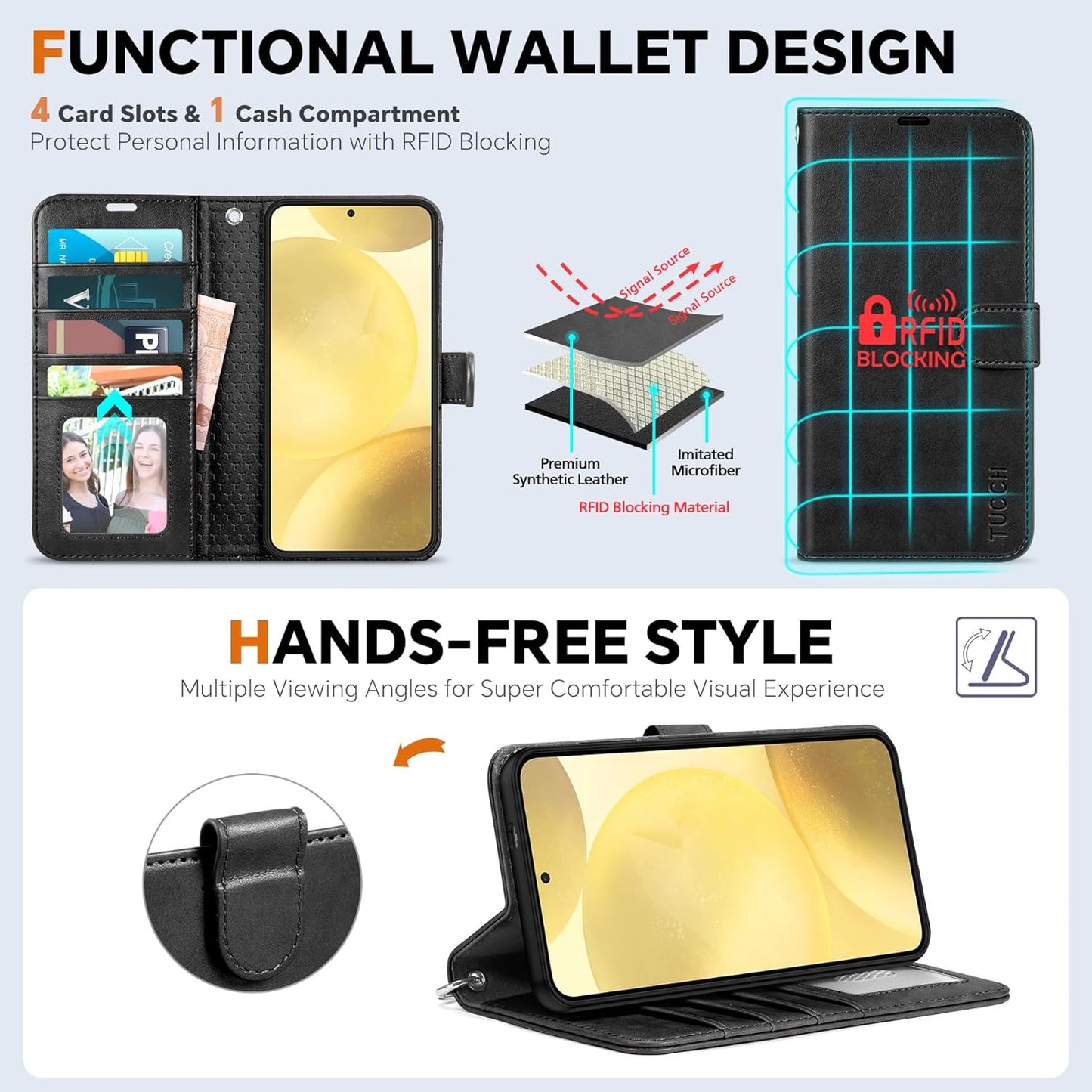 TUCCH Wallet Case for Galaxy S25, Removable 2 in 1 RFID Blocking [4 Card Slots] Wrist Strap [Wireless Charging] Kickstand PU Leather Magnetic Detachable Protective Cover for Galaxy S25 6.2", Black