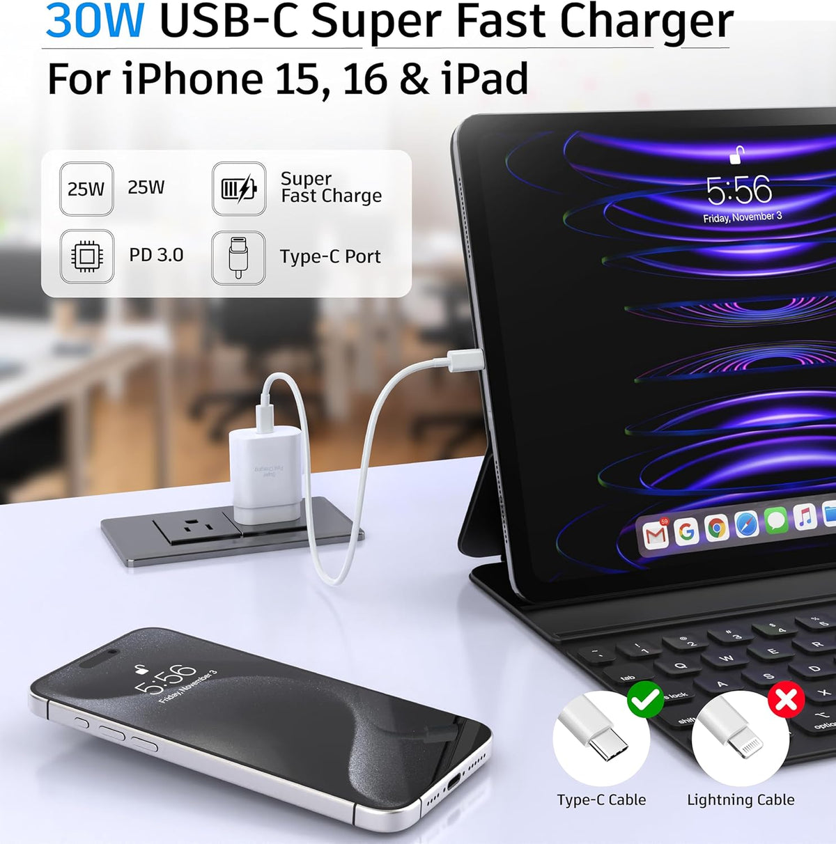 Phone 15 16 Charger, 30W Super Fast Charging, USB C Block Type C Cable Cord [ 6.6ft + 10ft ] for iPhone 16,16 Plus,16 Pro,16 Pro Max, iPhone15, iPad Pro 12.9/11, Galaxy S25, S24,S23-2Pack