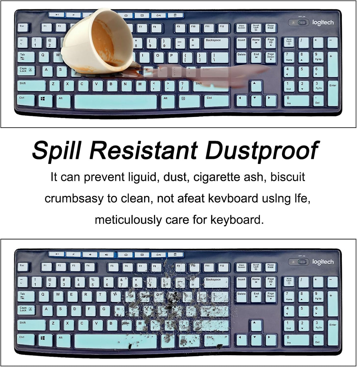 Keyboard Cover Silicone for Logitech K200 K260 K270, Keyboard Cover for Logitech K200 K260 K270 Ergonomic Wireless Keyboards, MK200 MK260 Keyboard Skin Waterproof Dustproof (Mint Green)
