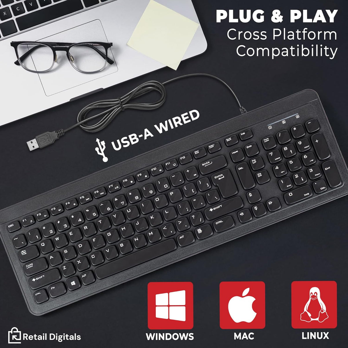 Wired USB Keyboard | Full-Sized | Ergonomic | Soft Typing | QWERTY Layout | Black