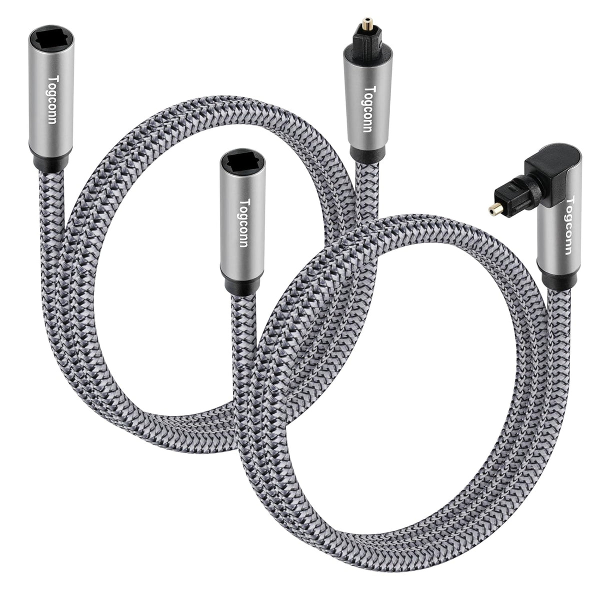 Optical Extension Fiber Digital Cable Adapter 0.6 Feet（2 Pack）, 90 Degree Right Angle & Straight Male to Female Coupler, Toslink Audio Cable, Nylon Braided for Home Theater, Soundbar, TV and More