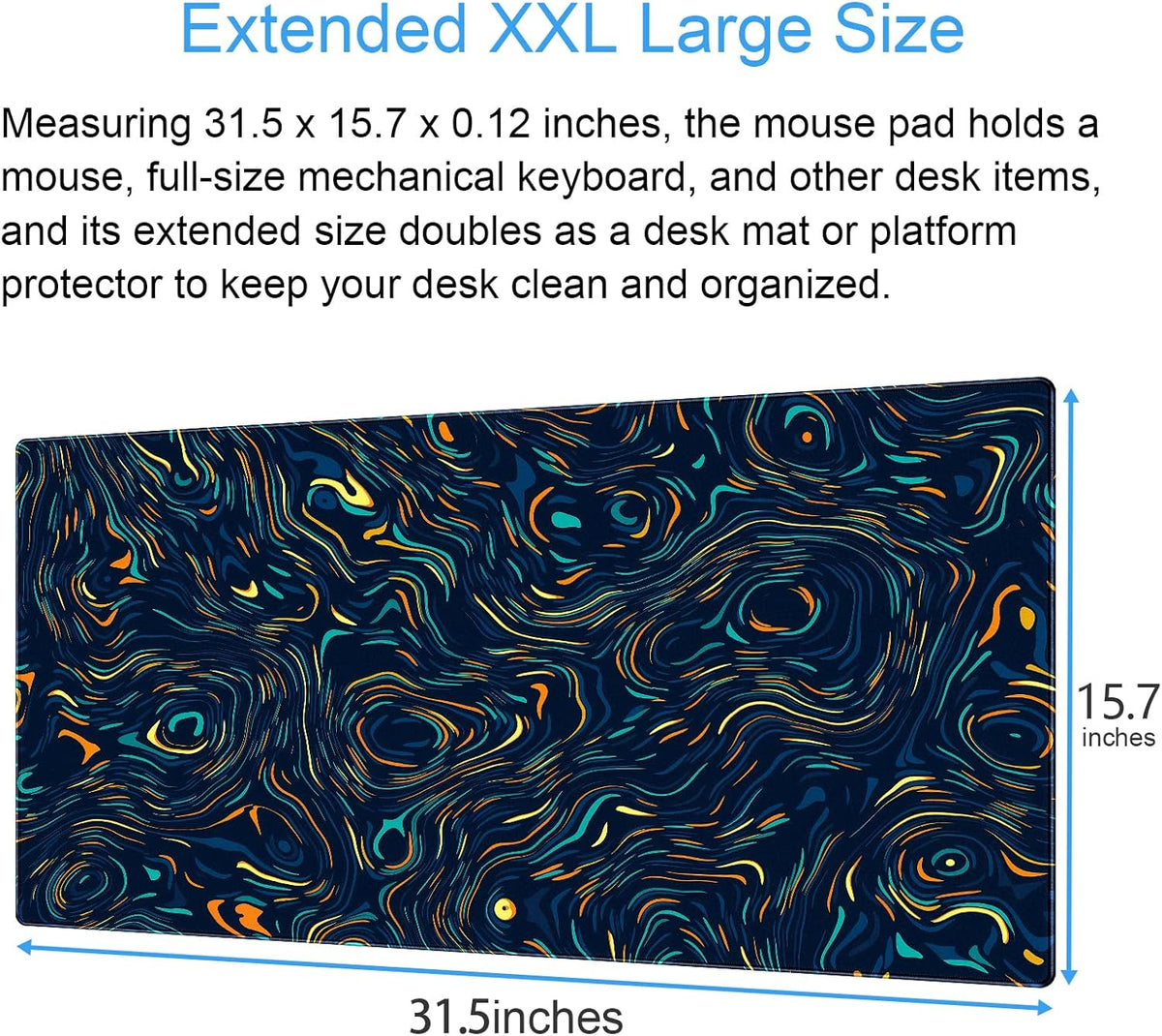 Abstract Starry Sky Swirl Gaming Desk Mat - XXL Large Mouse Pad for Keyboard & Mouse with Stitched Edges, 31.5" x 15.7" Colorful Art