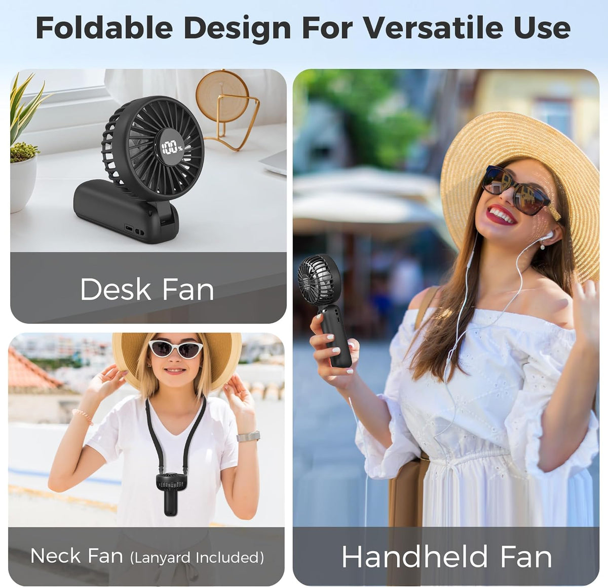 Portable Handheld Fan, 5000mAh Rechargeable Battery, Max 15H Cooling, 4 Speeds, LED Display, Foldable Design, 3-IN-1 Personal Pocket Fan with lanyard for Travel Outdoors Makeup Concert Commute