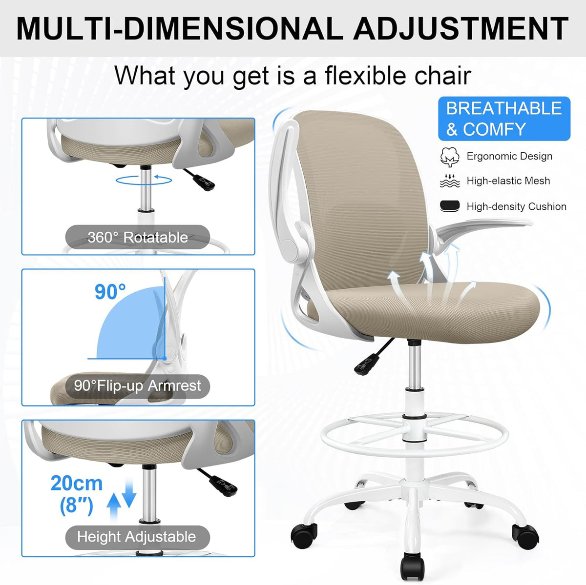 Drafting Chair Tall Office Chair with Flip-up Armrests, Adjustable Height, and Enhanced Lumbar Support - Ergonomic Rolling Stool, Back Support, and Adjustable Foot Rest Ring for Standing Desk Khaki
