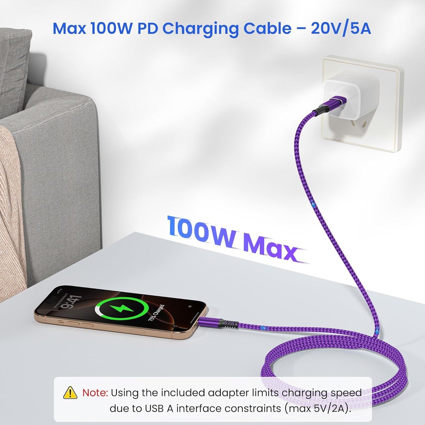 Elebase USB Type C to C 100W Charging Cable 6.6FT with USB Adapter,Fast PD Car Charger Cord for iPhone 16 15 Pro Max Plus,Samsung Galaxy S23 S24,MacBook Mac,iPad 9 10,Air 5 Mini 6,Ultra,A53 A54
