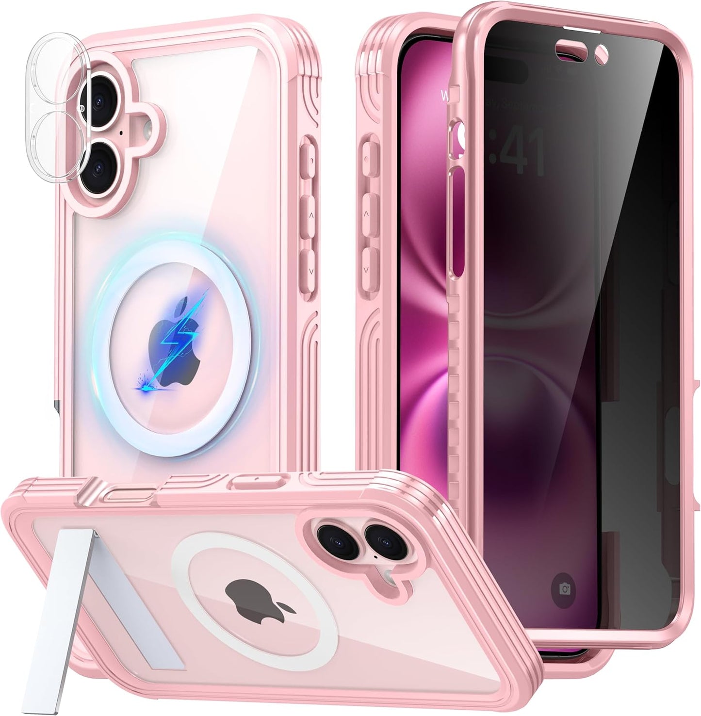 Magnetic & Stand for iPhone 16 Plus Case Built-in Privacy Screen Protector[360° Full Body Protection][Fit for Magsafe][Lens Protector] Heavy Duty Shockproof Phone Case for iPhone 16 Plus Pink