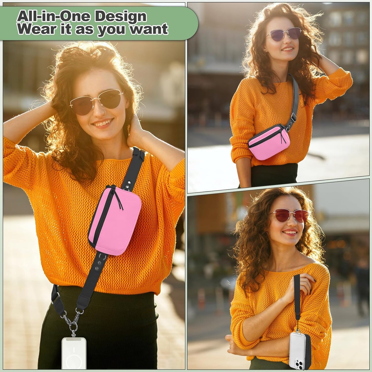 Clip and Go Strap for Phone with Wallet Crossbody, Adjustable Phone Lanyard with Detachable RFID Wristlet Wallet & Ultra-Thin 360° Rotatable Metal Tabs for All Smartphones (Pink)