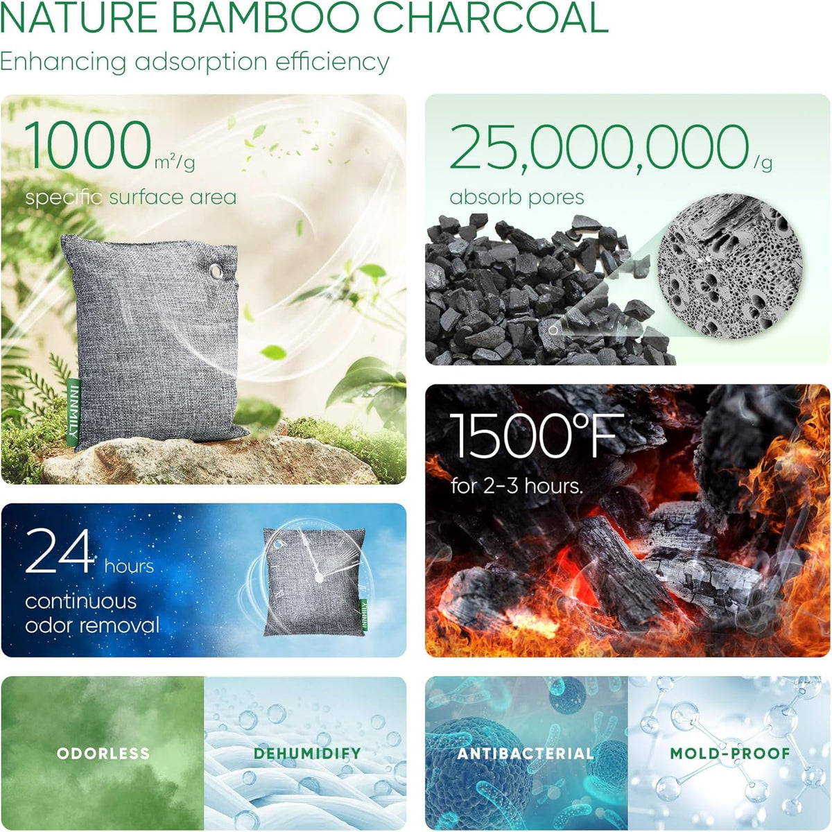 Activated Charcoal Odor Absorber, 6 Pack Natural Shoe Odor Eliminator, Bamboo Charcoal Air Purifying Bags, Sneaker Deodorizer and Moisture Absorbers for Clean Footwear, Shoe Odor Remover