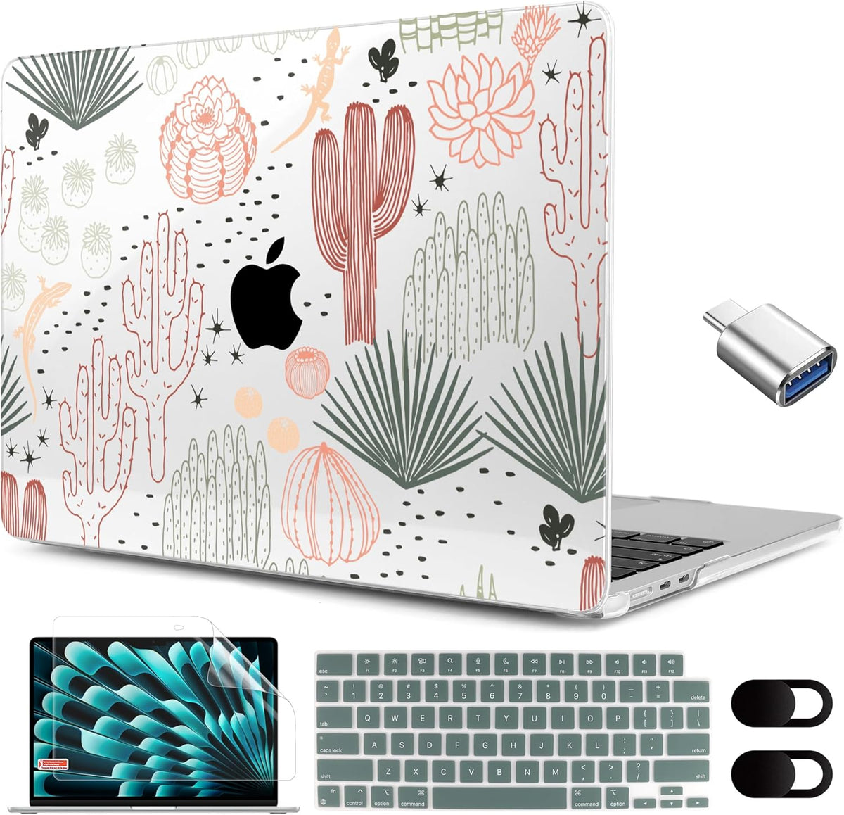 MEEgoodo for M4/M3/M2 MacBook Air 15.3 inch Case 2025 2024 2023, Case Fit Model (A3241/A3114/A2941) for MacBook Air 15 inch, Laptop Hard Shell with Keyboard Cover, Cacti