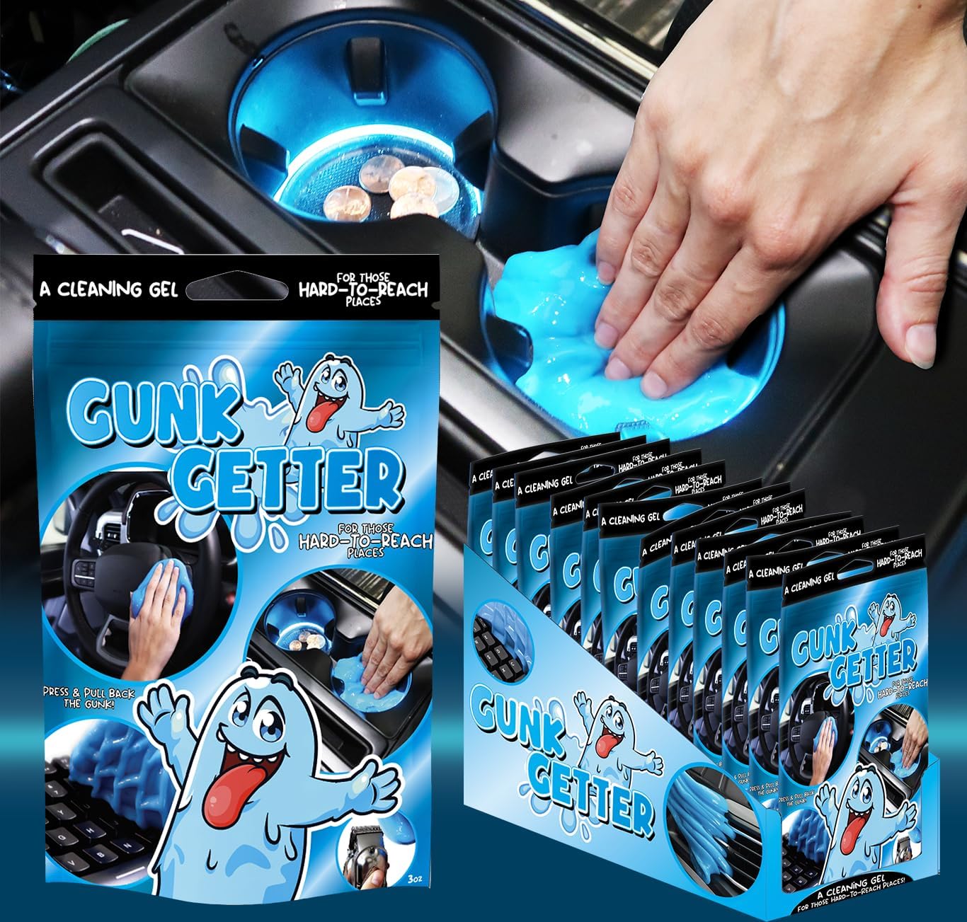 Cleaning Gel for Those Hard to Reach Places, Automotive Cup Holder Electronic Keyboard Office, Slime Gel Cleaner Dust Crumb Removal (Resealable Pouch, Blue, 3oz) 12 Pack