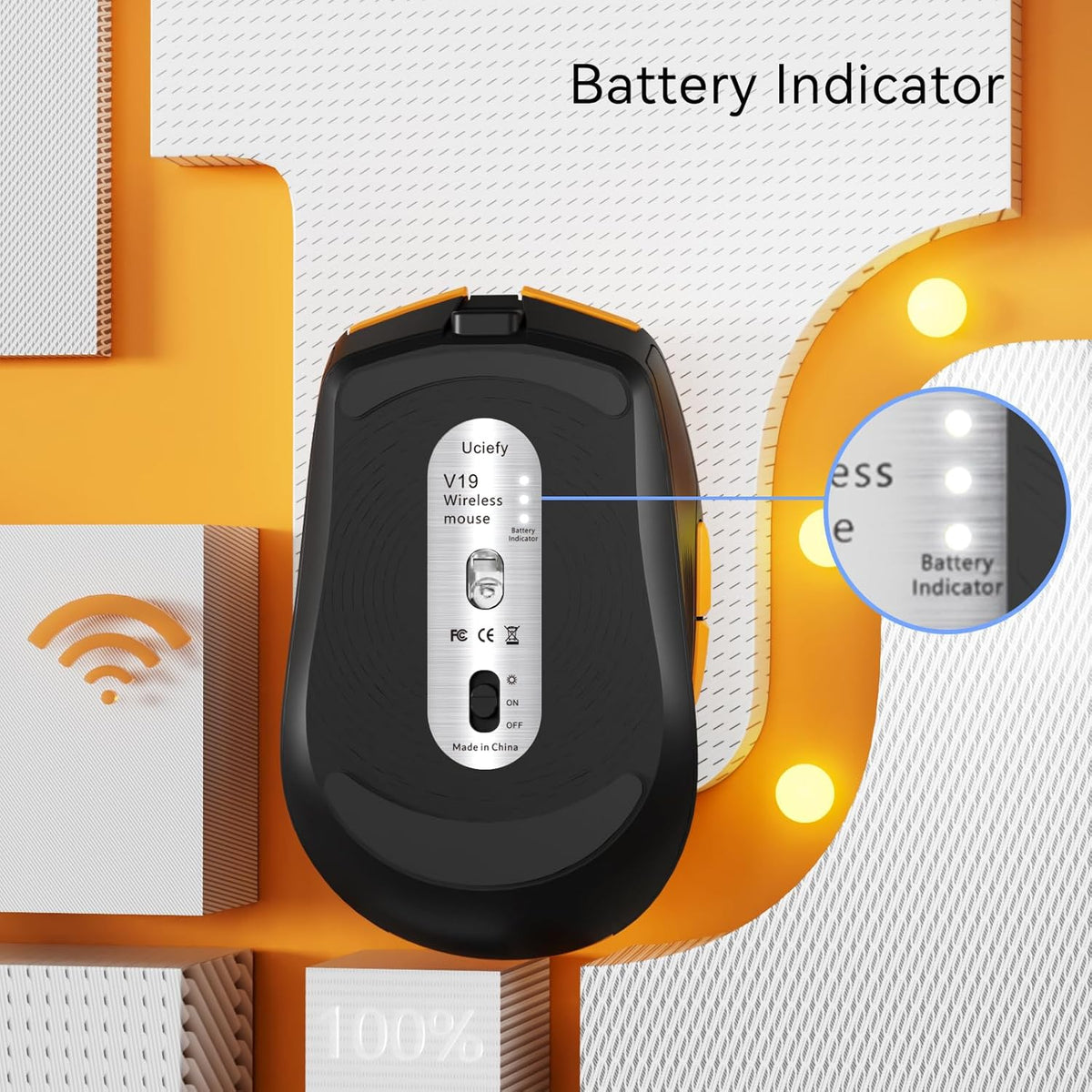 Uciefy V19 Wireless Mouse, 2.4GHz Rechargeable Mouse LED with Battery Indicator, Magnetic Computer Mice with USB Receiver & Type-C Adapter for Laptop/PC/Mac/Chromebook-Orange
