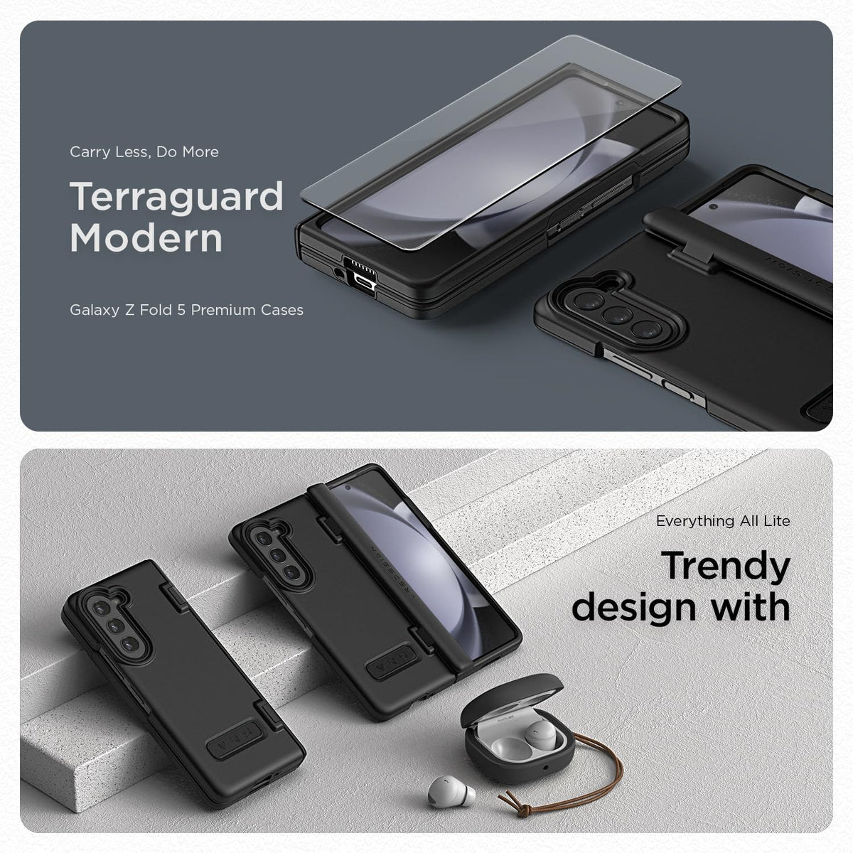VRS DESIGN Phone Case for Galaxy Z Fold 5 5G (2023) [Terra Guard Modern], Premium Modern Neat Style Case [Anti Scratch Spring-Loaded Hinge Protection] with Screen Protector (Matte Black/Renewed)