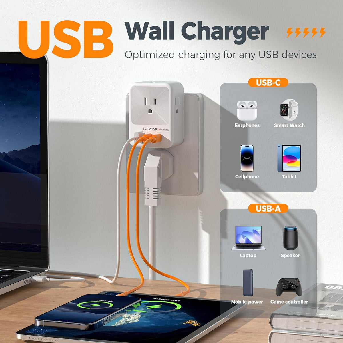 Multi Plug Wall Outlet Splitter, TESSAN Surge Protector 4 Outlet Extender with 3 USB Charger Blocks(2 USB C), 3-Sided Multiple Plug Expander for Home Office Dorm Room School Essentials