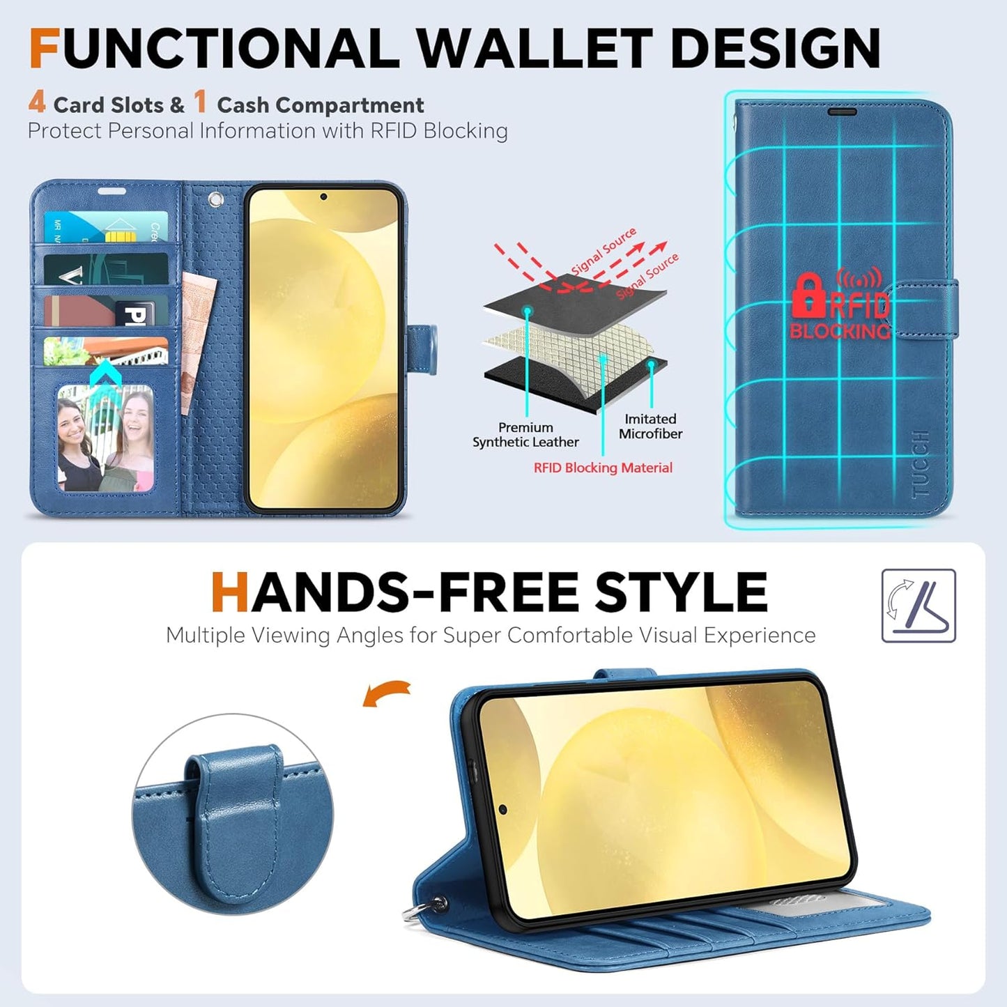 TUCCH Case Wallet for Galaxy S25, Removable [2 in 1] [Wireless Charging] Wrist Strap PU Leather Magnetic Stand RFID Blocking [4 Card Slots] Detachable Protective Folio for Galaxy S25 6.2", Light Blue