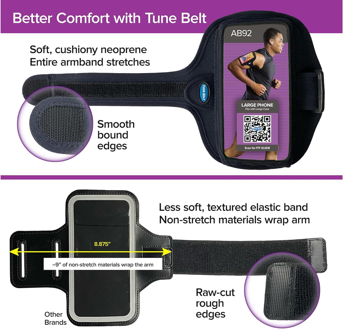 Tune Belt AB92 Cell Phone Armband for Running - Fits iPhone 16/15/14/13 Pro Max, Plus, Samsung Galaxy Ultra/Plus/Note and Large Phones with Protective Cases, Sweat-Resistant Exercise Holder (Black)
