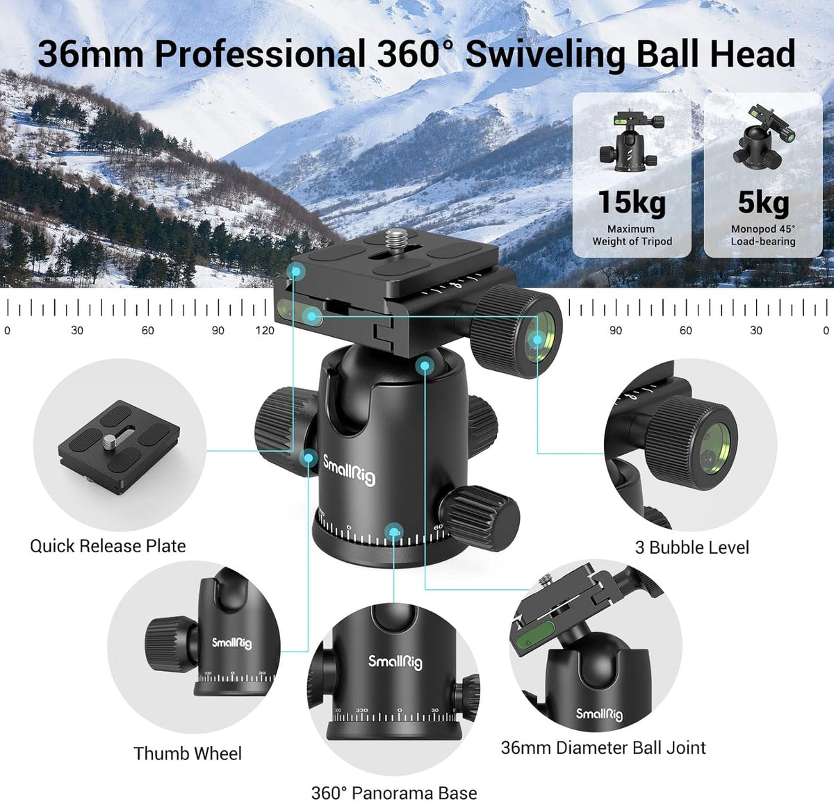 SmallRig Camera Tripod, 71" Foldable Aluminum Tripod/Monopod, 360°Ball Head Detachable, Payload 33lb, Adjustable Height from 16" to 71" for Camera, Phone