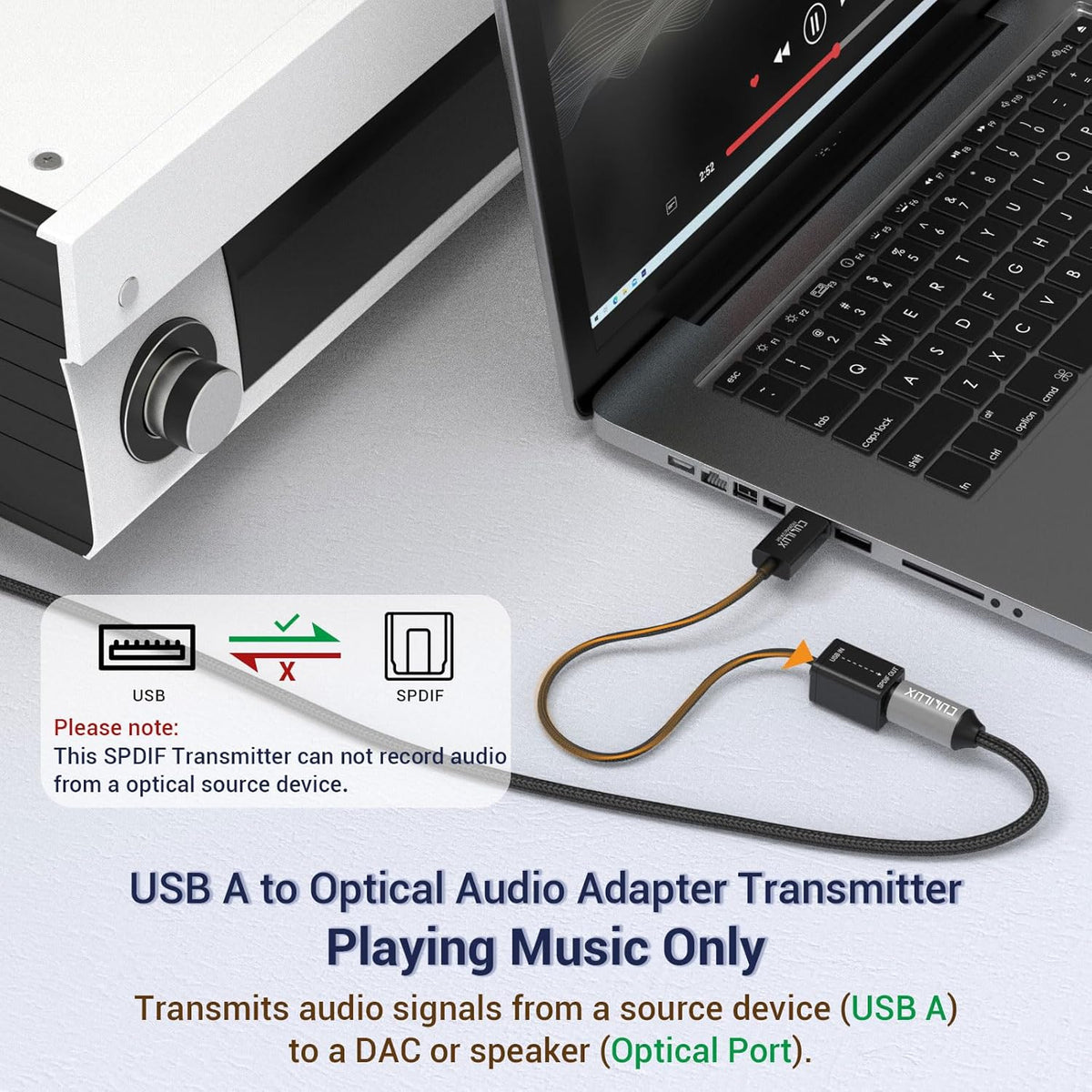 Cubilux USB A to TOSLINK Optical Audio Adapter, Unidirectional USB Type A to SPDIF Digital Converter, S/PDIF Transmitter for Computer Laptop PC PS5/4 ONLY, NOT for TV Or Other Devices