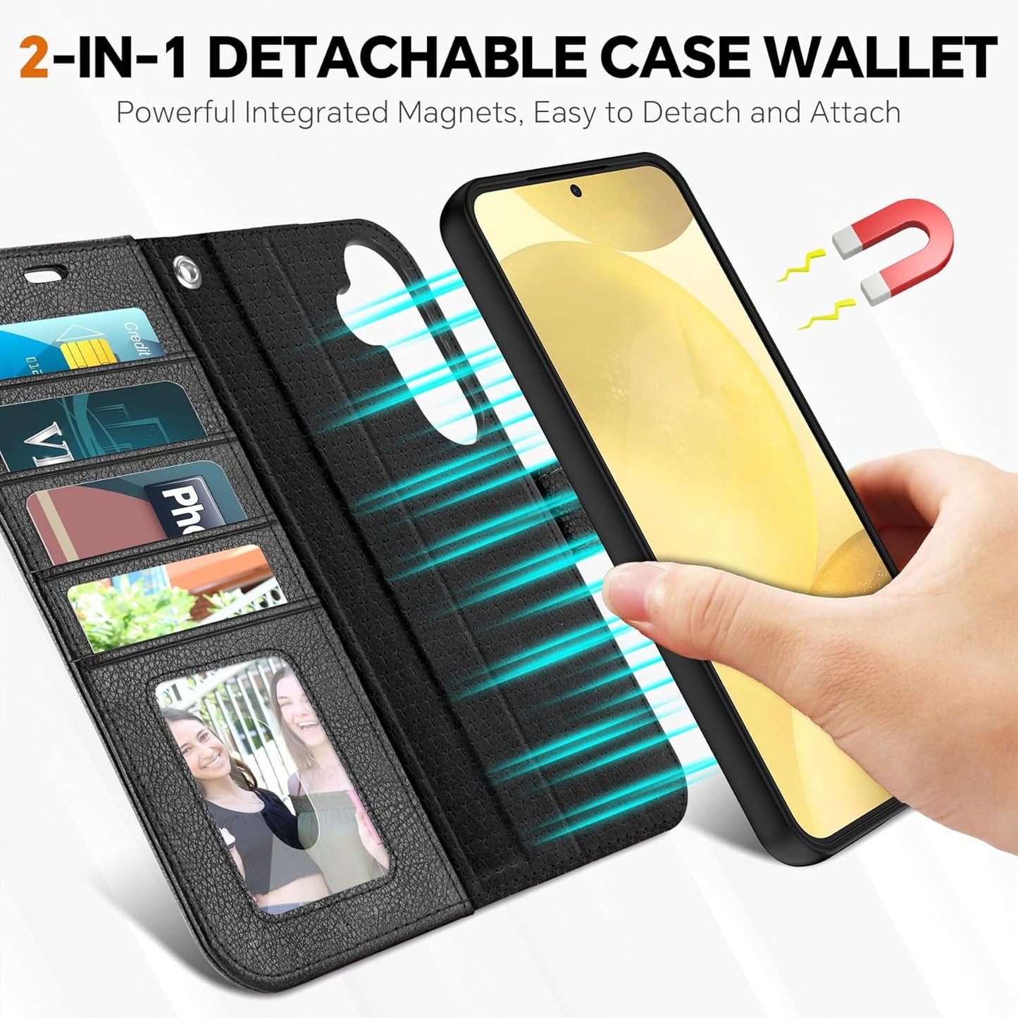 TUCCH Wallet Case for Galaxy S25, [Removable] 2 in 1 [Wireless Charging] Wrist Strap RFID Blocking [4 Card Holders] PU Leather Cover, Magnetic Detachable Stand Folio for Galaxy S25, Textured Black