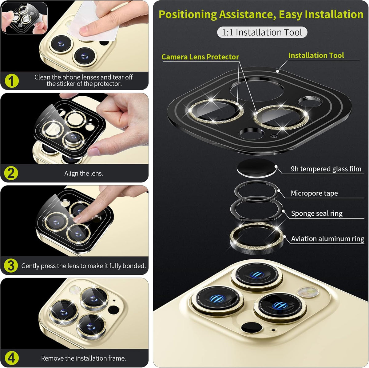 WSKEN for iPhone 14 Pro/iPhone 14 Pro Max Camera Lens Protector,[Night Shooting Mode] HD Tempered Metal Glass Camera Screen Protector Cover Film Accessories, Gold