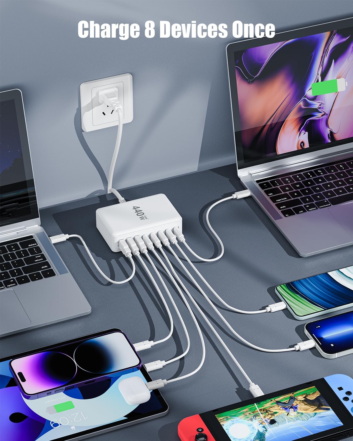 USB C Charger Block 440W Charging Station Hub,8 Port GaN III Fast Charging Brick with 5ft Extension Cord,PD QC PPS 100W Laptop Power Adapter for MacBook Pro/Air,iPhone 16/15,Samsung Galaxy,Dell etc