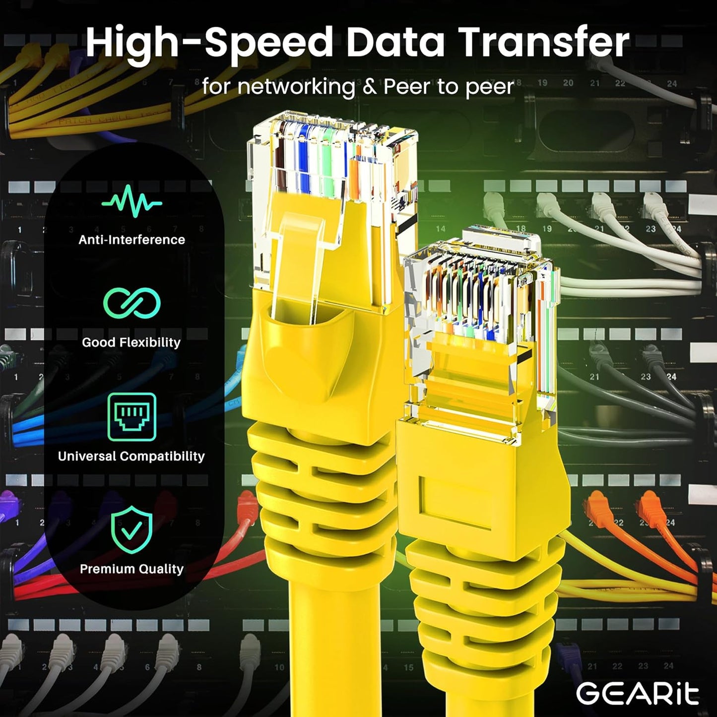 GearIT Cat 6 Ethernet Cable (24-Pack 1 Foot) Cat6 Network Patch, 10Gbps, RJ45, Snagless Cord, Gold-Plated Connectors, Internet for PC, TV, Tablet, Router, Printer, Servers, IT Data Center - Yellow