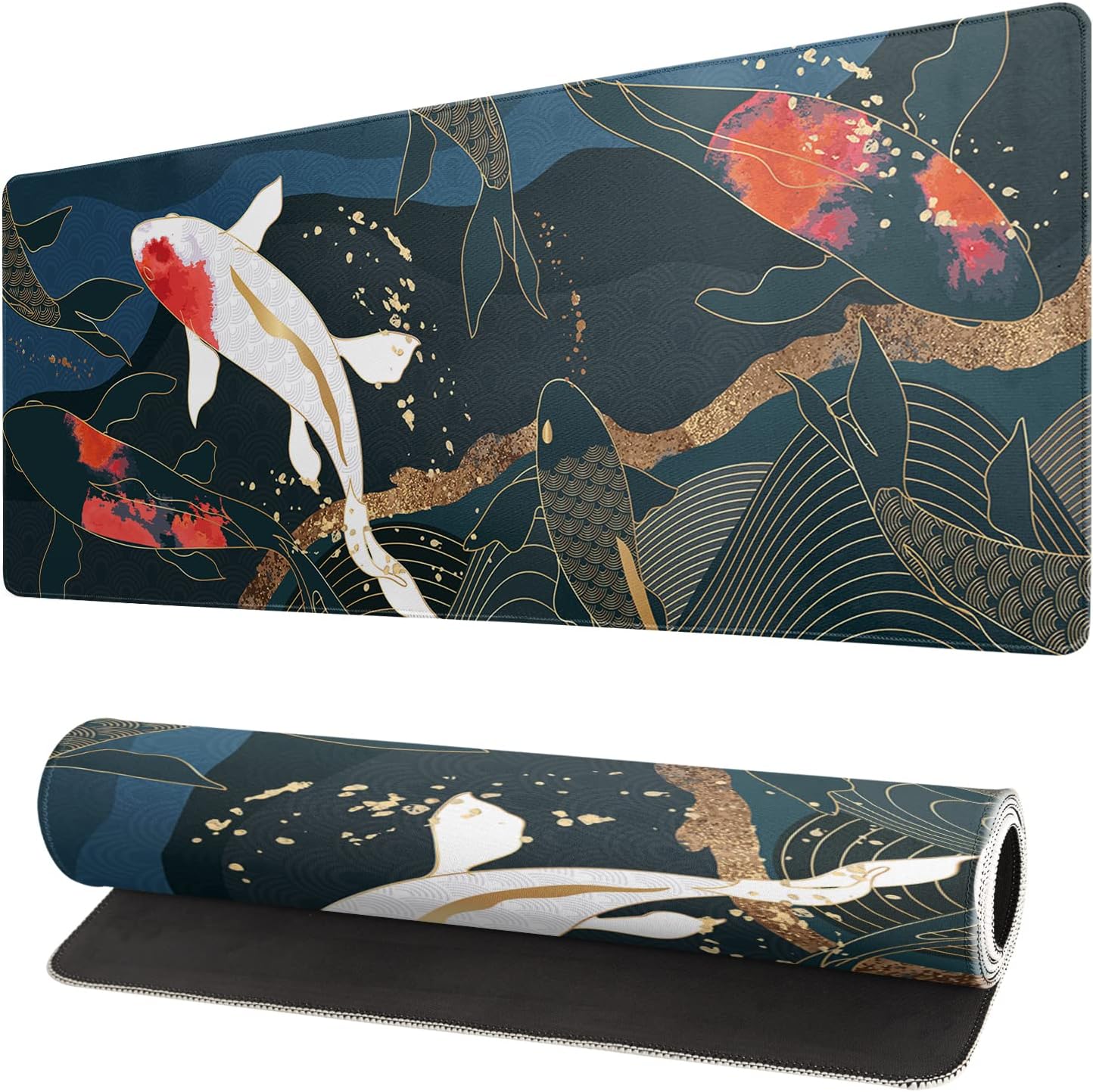Fish Art Mouse Pad 31.5x11.8 Inch Japanese Gaming Full Desk Mousepad Extended Large Non-Slip Rubber Base Waterproof Big Keyboard Mat with Stitched Edges for Home Gaming and Office