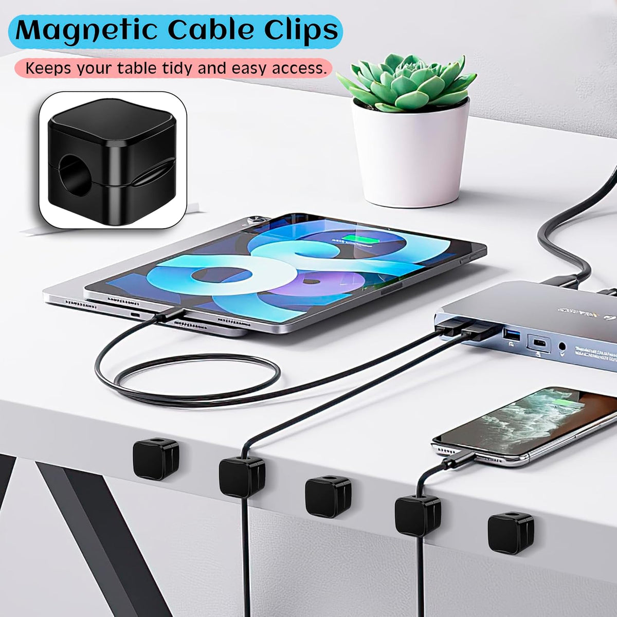 SaiTech IT Pack of 8 Magnetic Cable Clips, Cord Organizer Holder, for Desk Cable Management, Adhesive Wire Keeper for Car, Office Home Desktop, Wall, Night Table-Black