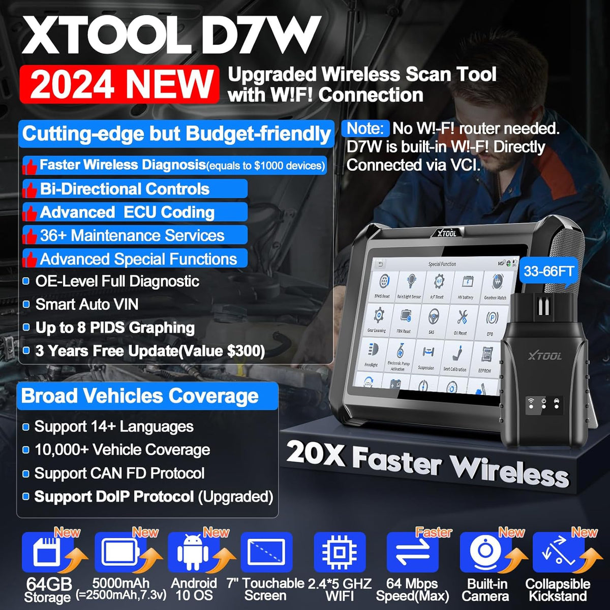 XTOOL D7W OBD2 Scanner Diagnostic Tool: 2025 Wireless Ver. of D7/D7S/D7BT, Bidirectional Scan Tool with ALL System Diagnostic, PMI, ECU Coding, 39+ Resets, 3-Year Updates, CAN FD/DoIP, Scanner for Car