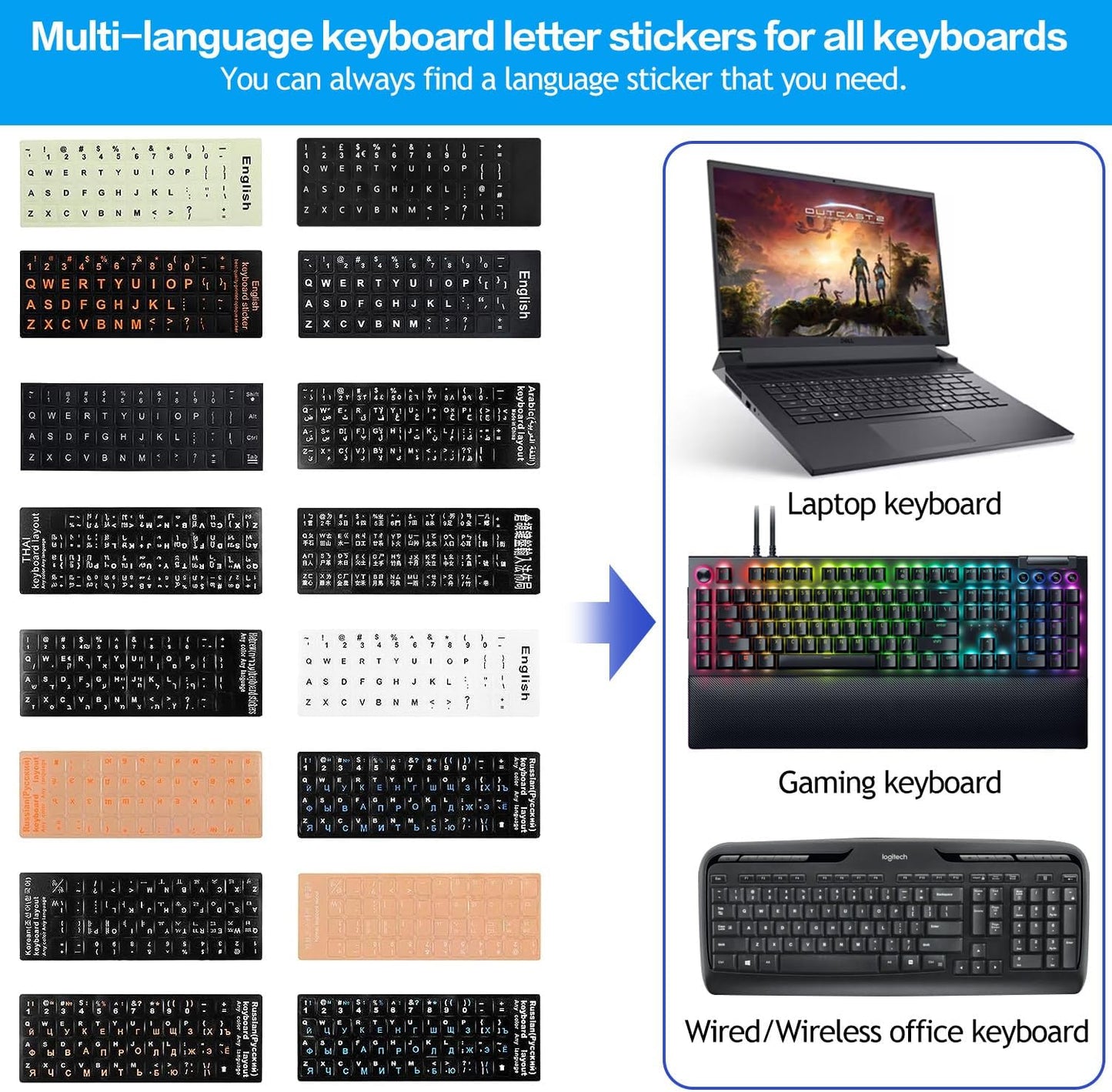 2PCS Korean Keyboard Stickers, Korean-English Keyboard Letters Replacement Sticker White Font on Black Background for Computer Laptop Notebook Desktop, Matte Keyboard Alphabet Stickers