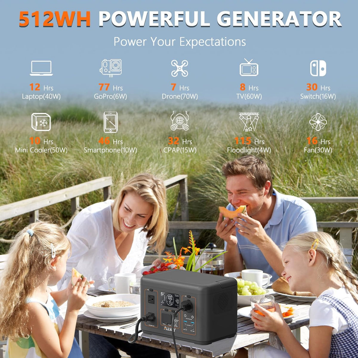ALLWEI Portable Power Station 500W, 512Wh LiFePO4 Battery, UPS Function, 2.5Hrs Fast Charge, 2 AC Outlets(Surge 1000W), Solar Generator for Outdoor Camping RV CPAP Home Emergency
