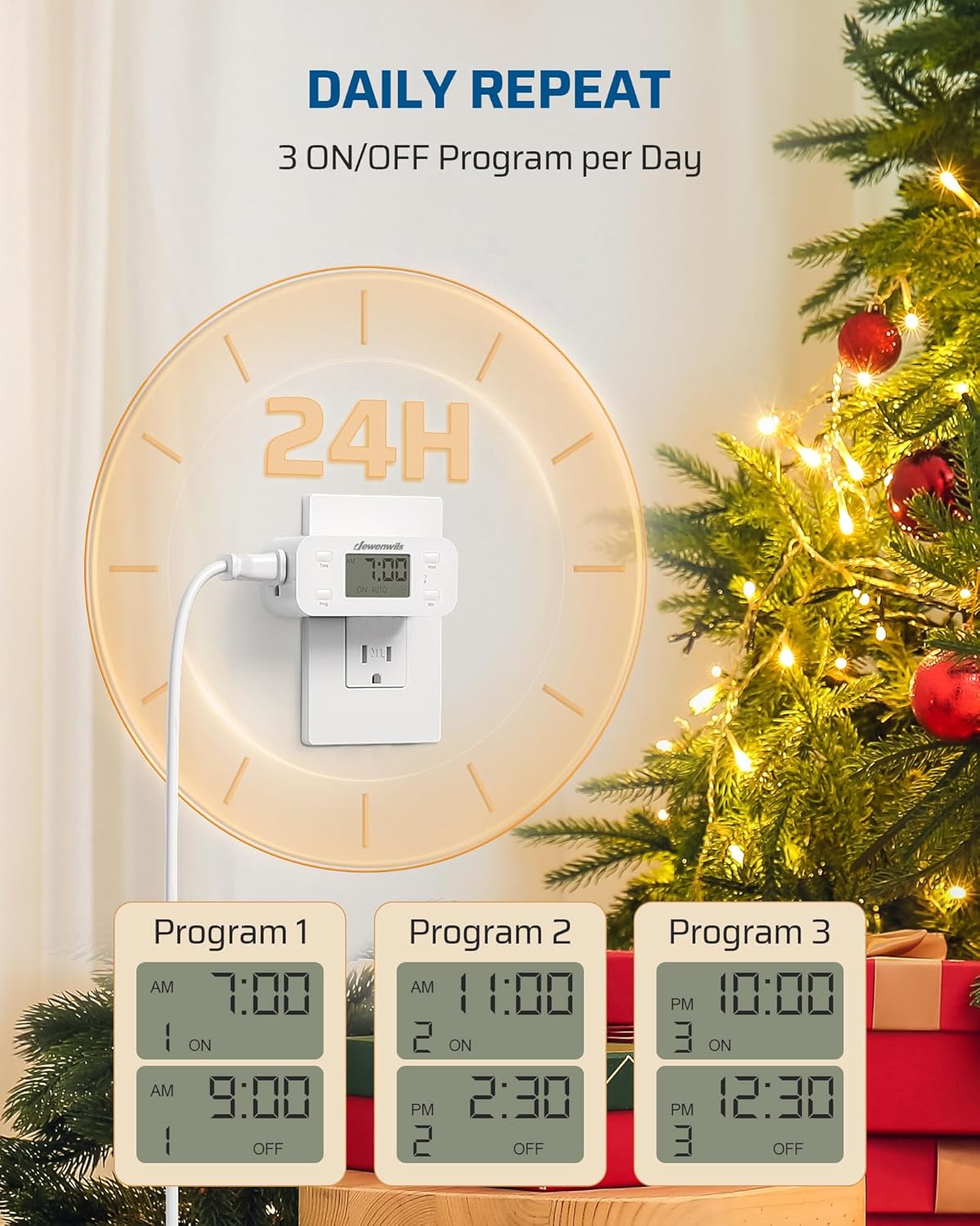 DEWENWILS 24 Hour Programmable Digital Timer Outlet, 2 Pack Timers for Electrical Outlets, Light Timer for Indoor Lamp Fan Aquarium, 1 Grounded Outlet, 125V/15A/1000W, 3 Prong, 1/2 HP