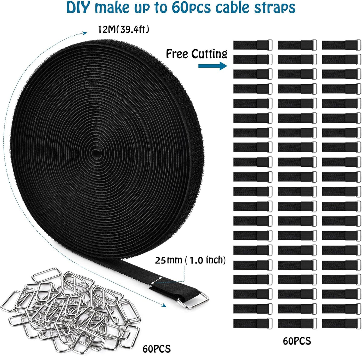 1"x39.4ft Hook and Loop Straps with 60 Buckles Adjustable Cut-to-Length Cable Ties Roll- Reusable Nylon Fastening Tape Cable Straps for Storage or Organization (1in x 39.4ft)