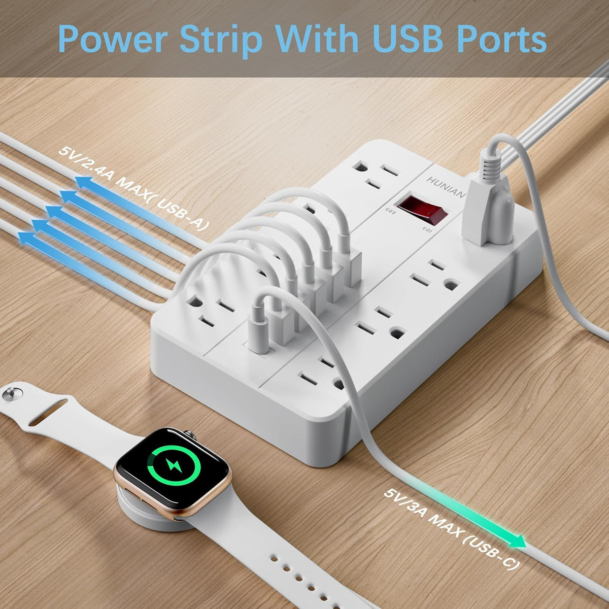 Power Strip with USB, Flat Plug Extension Cord Surge Protector 5 Ft, HUNIAN Power Strip with 8 Widely Spaced Outlets 6 USB Charger (1 USB C Port), Desk Charging Station for Home Office, White