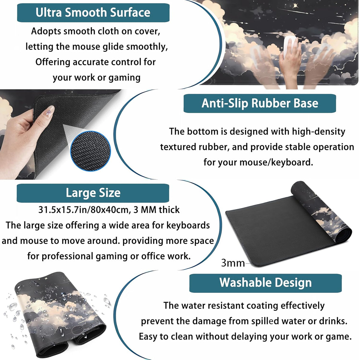 Black Anime Cloud Desk Mat XXL Large Gaming Mouse Pad Computer Laptop Mat, Extended Non-Slip Rubber Base Mousepad Keyboard and Mouse Mat, Night Sky Desk Pad with Stitched Edges, 31.5x15.75 in