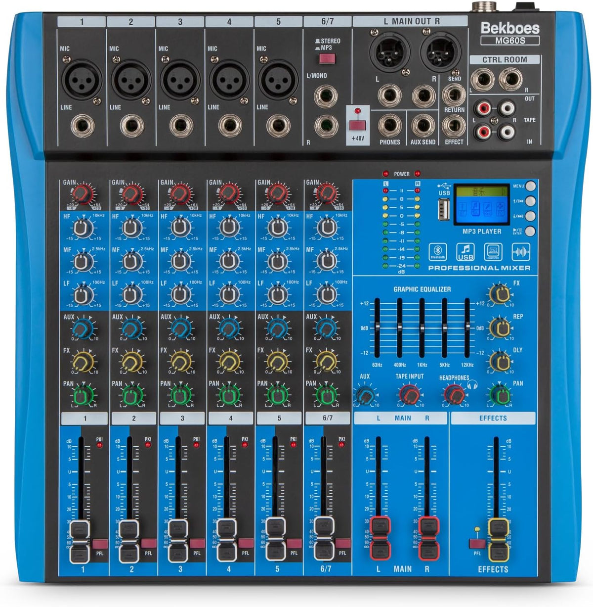 Professional Audio Mixer, 6 Channel, Input 48V Phantom Power Stereo Digital USB Bluetooth MP3 Computer Input, Build-in 16 Effect DSP, for Recording, Live Streaming, Podcasting MG60S