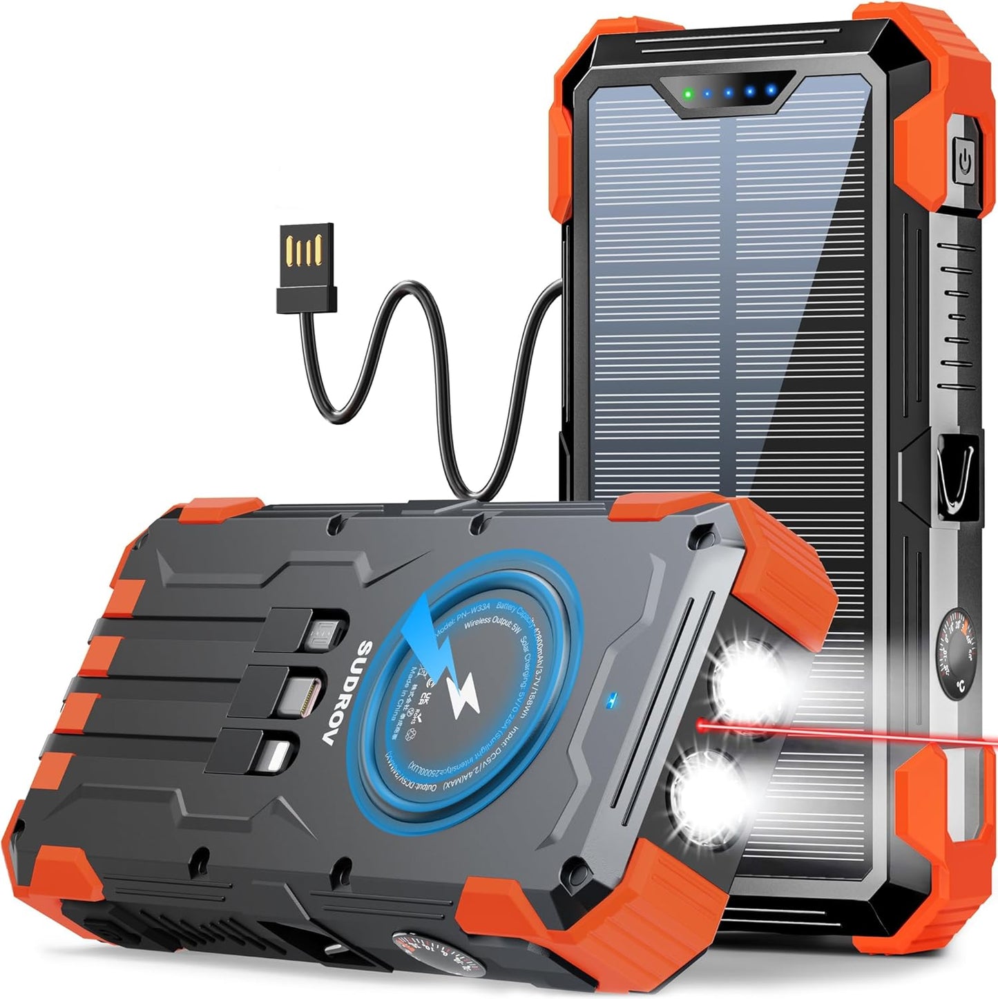 Solar Charger Power Bank, 42,800mAh Wireless Portable Charger with USB-C in/Output, QC3.0 Fast Charging 15W 4 Ports Outdoor Battery Pack Built-in LED Flashlight, for iPhone, Galaxy, iPad etc