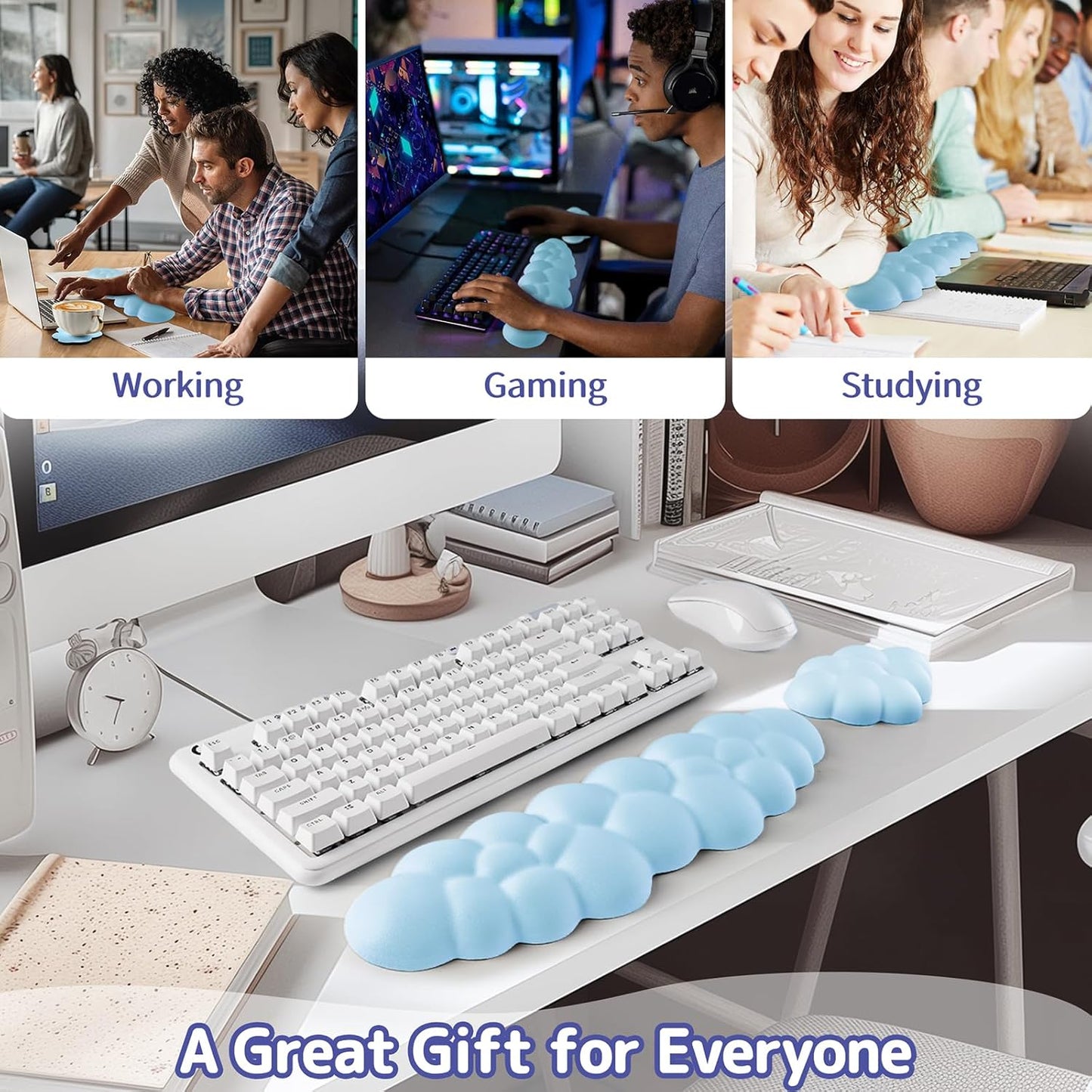 Cloud Wrist Rest Keyboard, Cloud Keyboard Wrist Pad Set with PU Leather Memory Foam, Cute Arm Rest for Palm Support, PC/Gaming Desk Accessories/Office Setup/Computer Hand Cushion - Blue